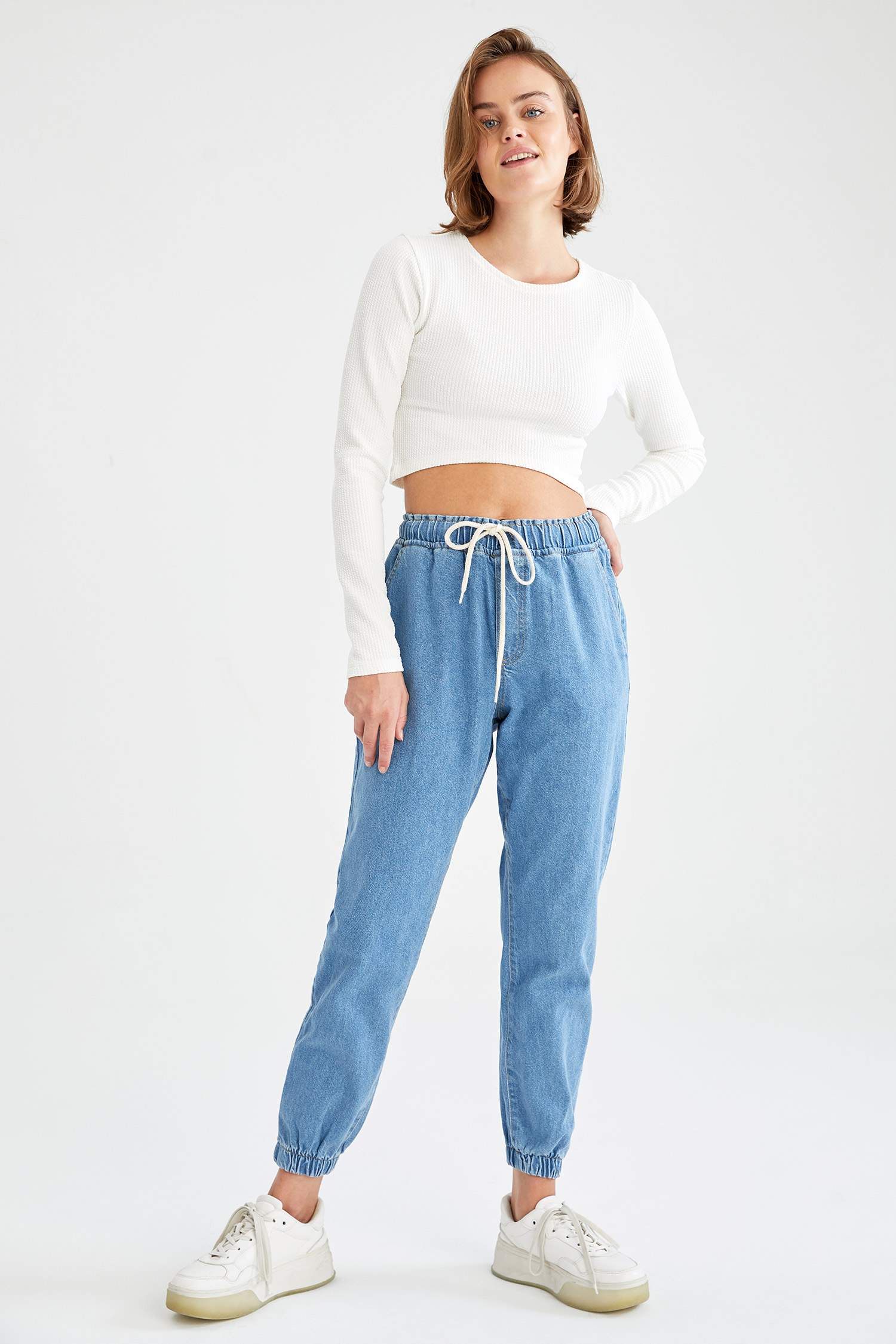 Beli Bağcıklı Yüksek Bel Yıkamalı Jean Jogger Pantolon