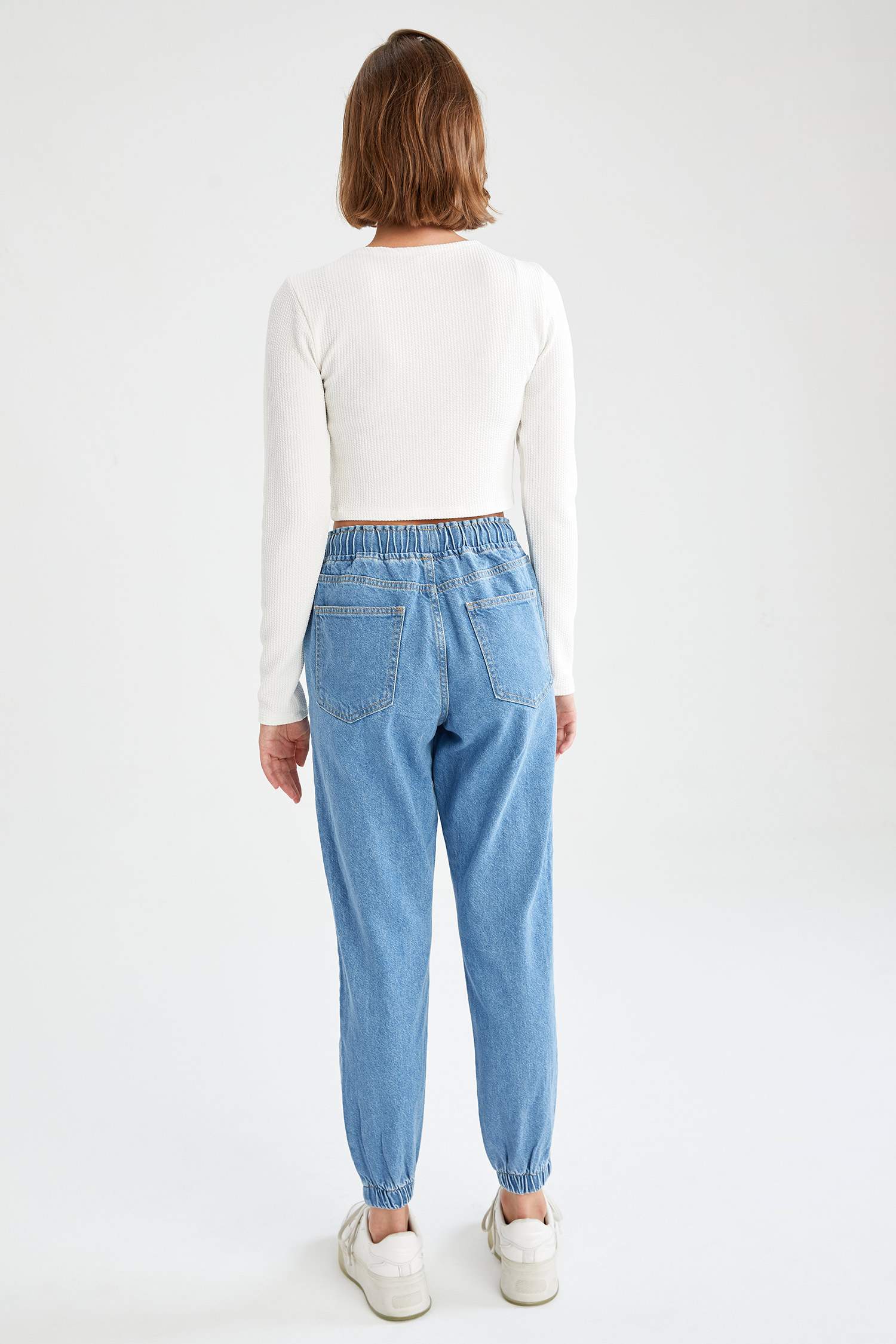 Beli Bağcıklı Yüksek Bel Yıkamalı Jean Jogger Pantolon