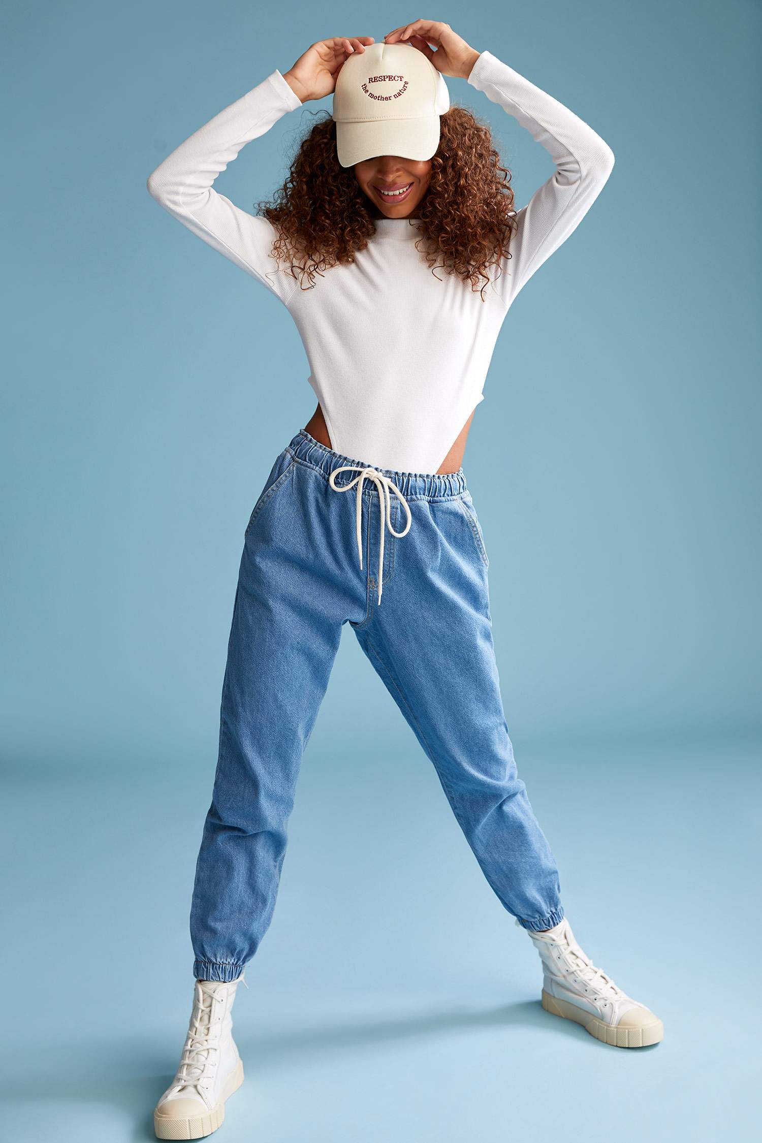 Beli Bağcıklı Yüksek Bel Yıkamalı Jean Jogger Pantolon