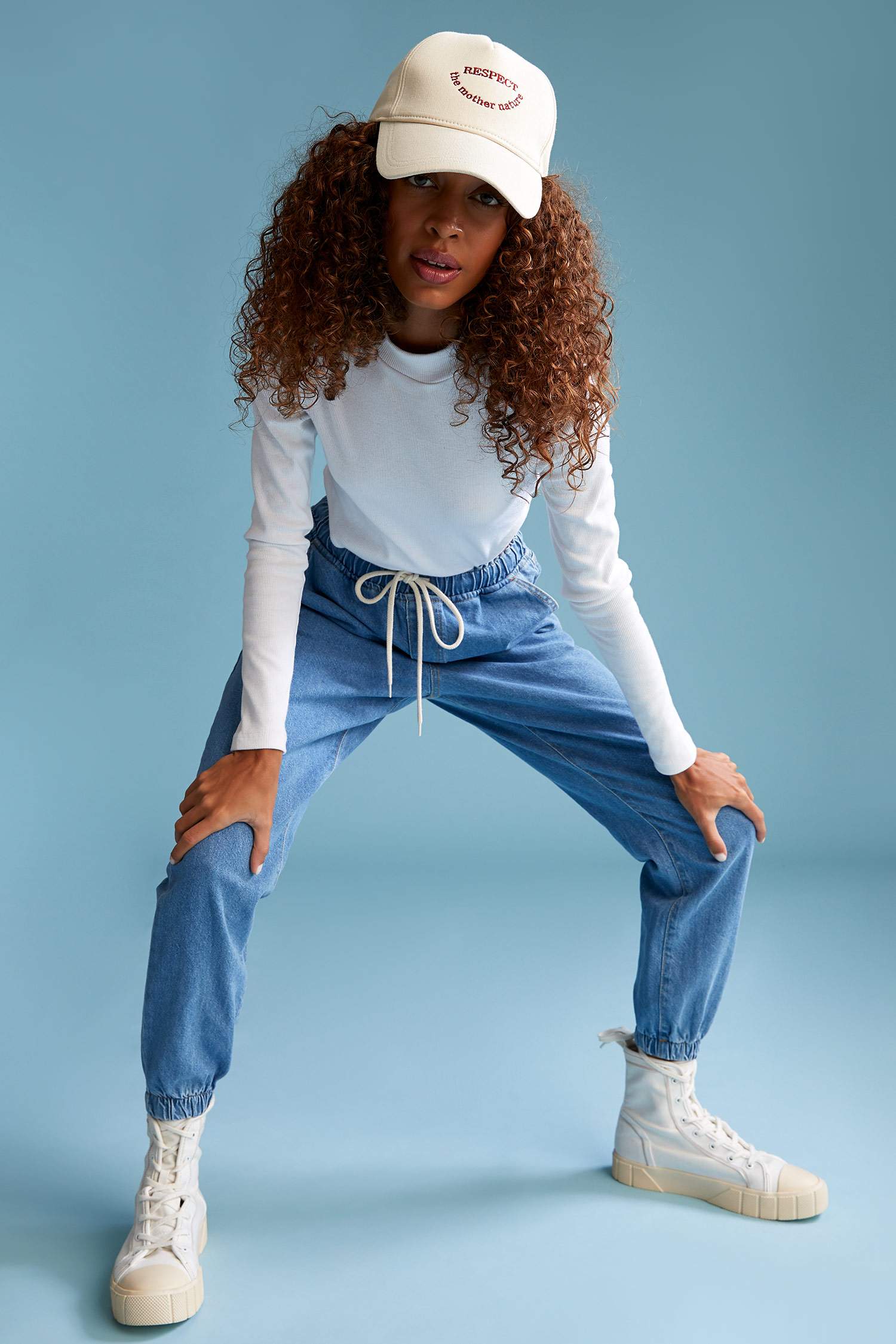 Beli Bağcıklı Yüksek Bel Yıkamalı Jean Jogger Pantolon