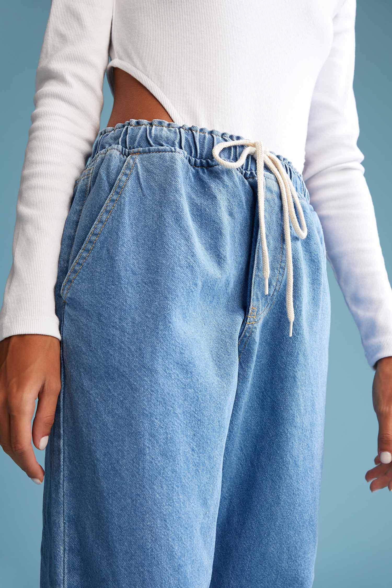 Beli Bağcıklı Yüksek Bel Yıkamalı Jean Jogger Pantolon