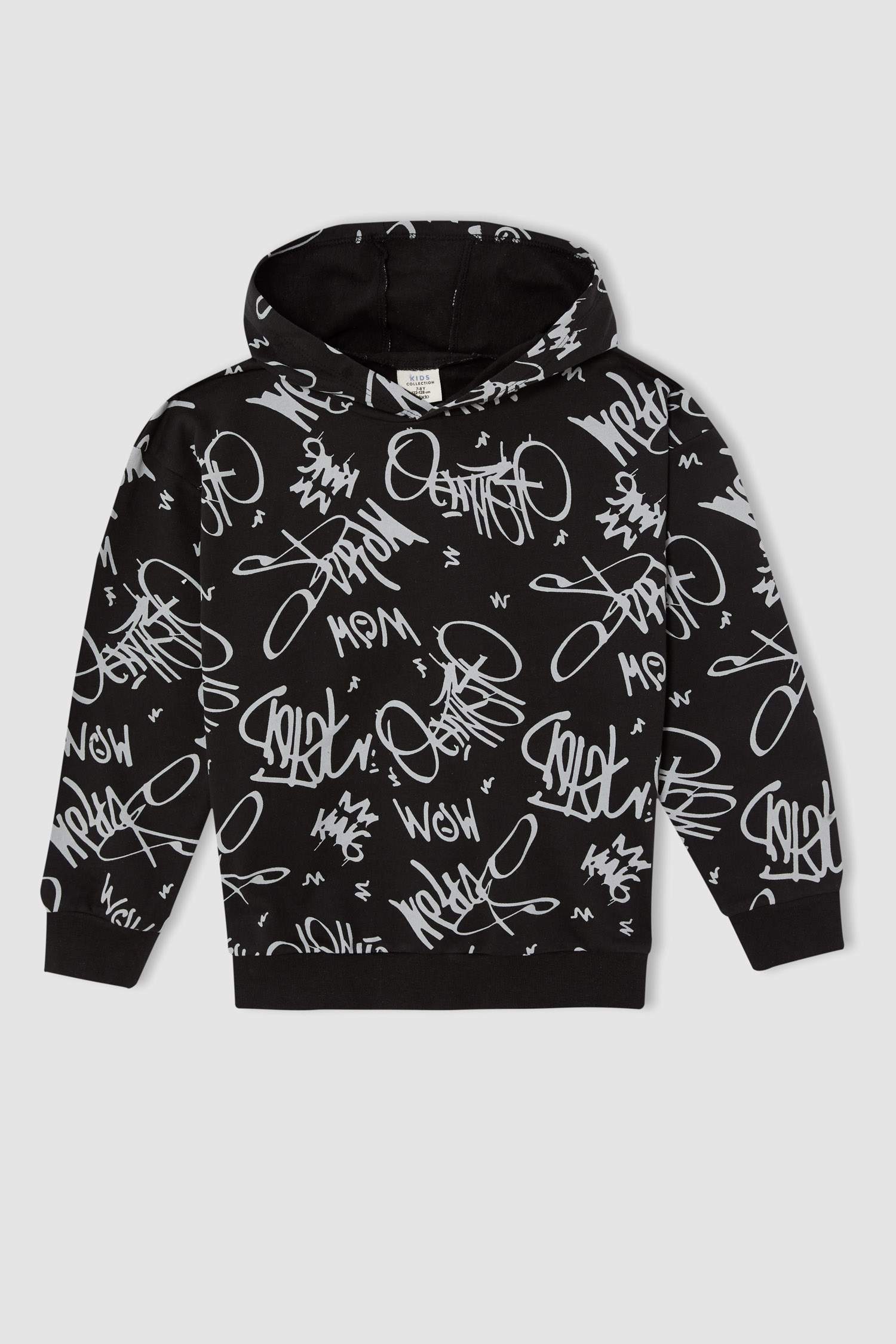 Erkek Çocuk Relax Fit Slogan Desenli Kapüşonlu İçi Yumuşak Tüylü Sweatshirt
