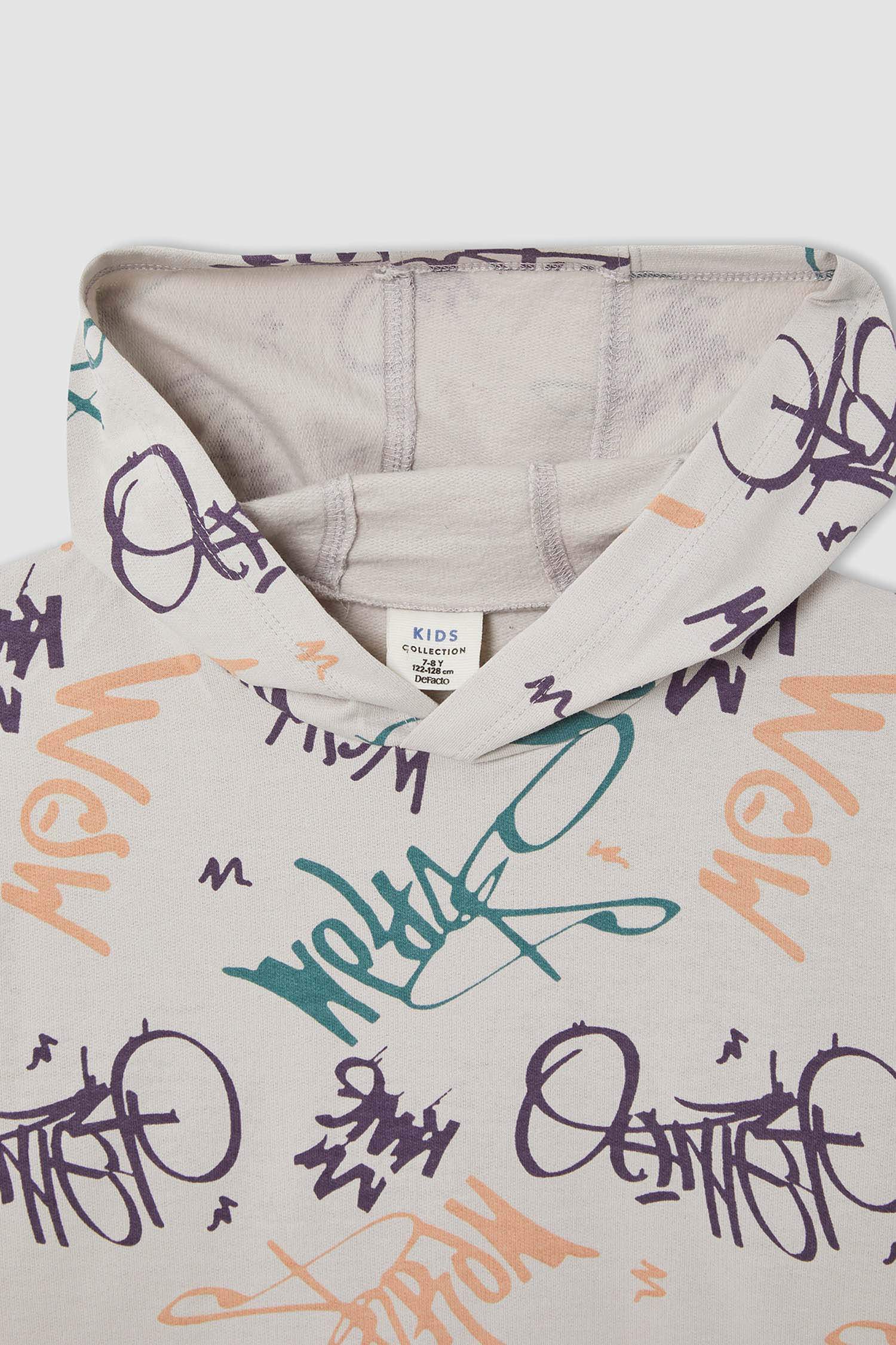 Erkek Çocuk Relax Fit Slogan Desenli Kapüşonlu İçi Yumuşak Tüylü Sweatshirt