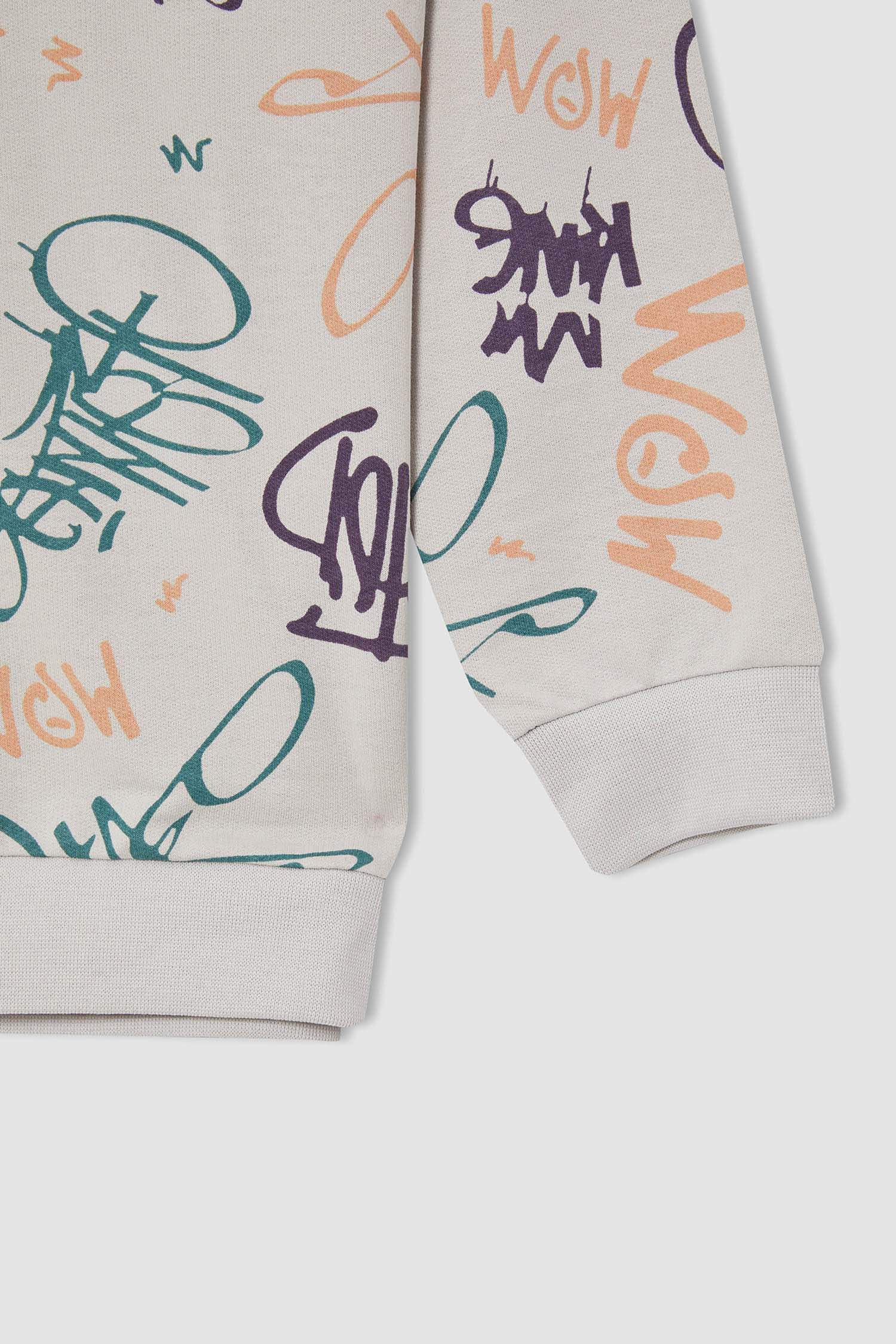 Erkek Çocuk Relax Fit Slogan Desenli Kapüşonlu İçi Yumuşak Tüylü Sweatshirt