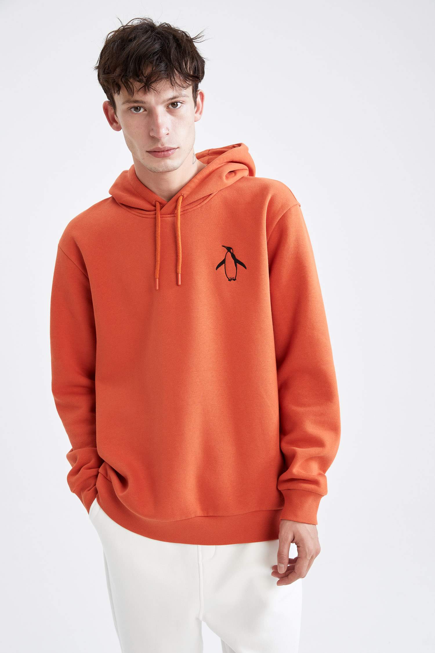 Regular Fit Kapüşonlu Penguen Desenli Uzun Kollu Sweatshirt