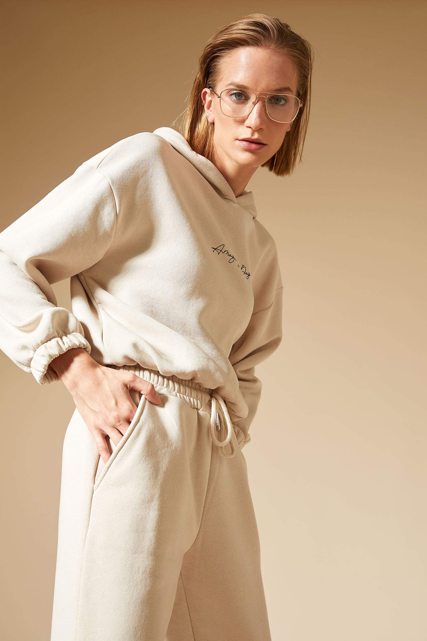 Slogan Baskılı Kapüşonlu Beli Lastikli Relax Fit Sweatshirt