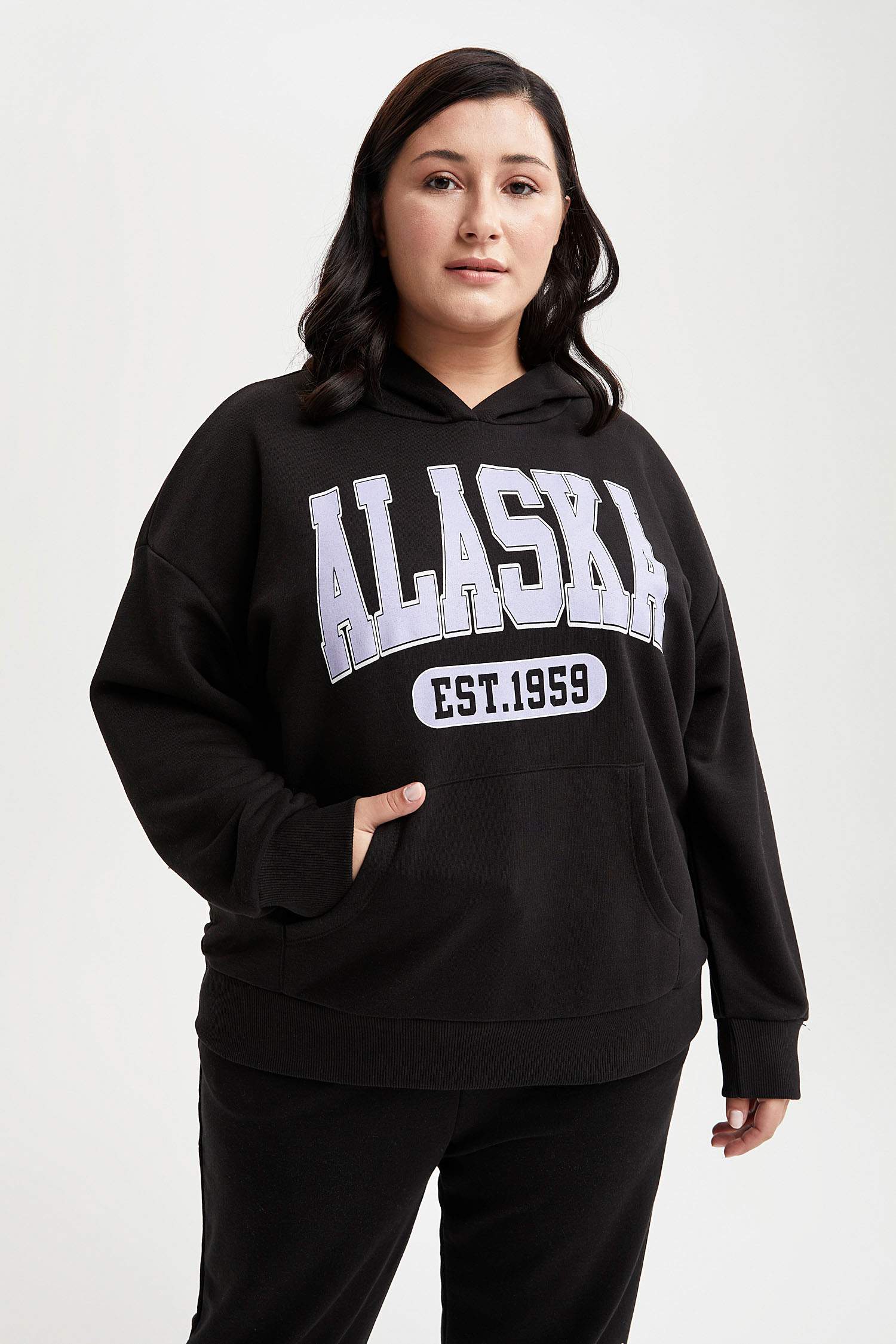 Slogan Baskılı Kapüşonlu Loose Fit Büyük Beden Sweatshirt