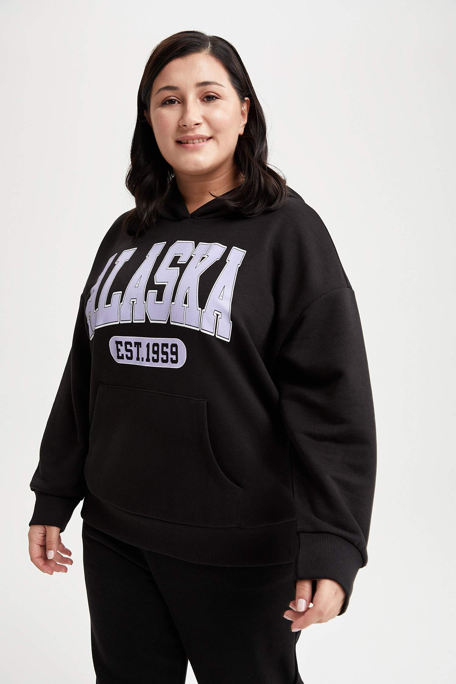 Slogan Baskılı Kapüşonlu Loose Fit Büyük Beden Sweatshirt