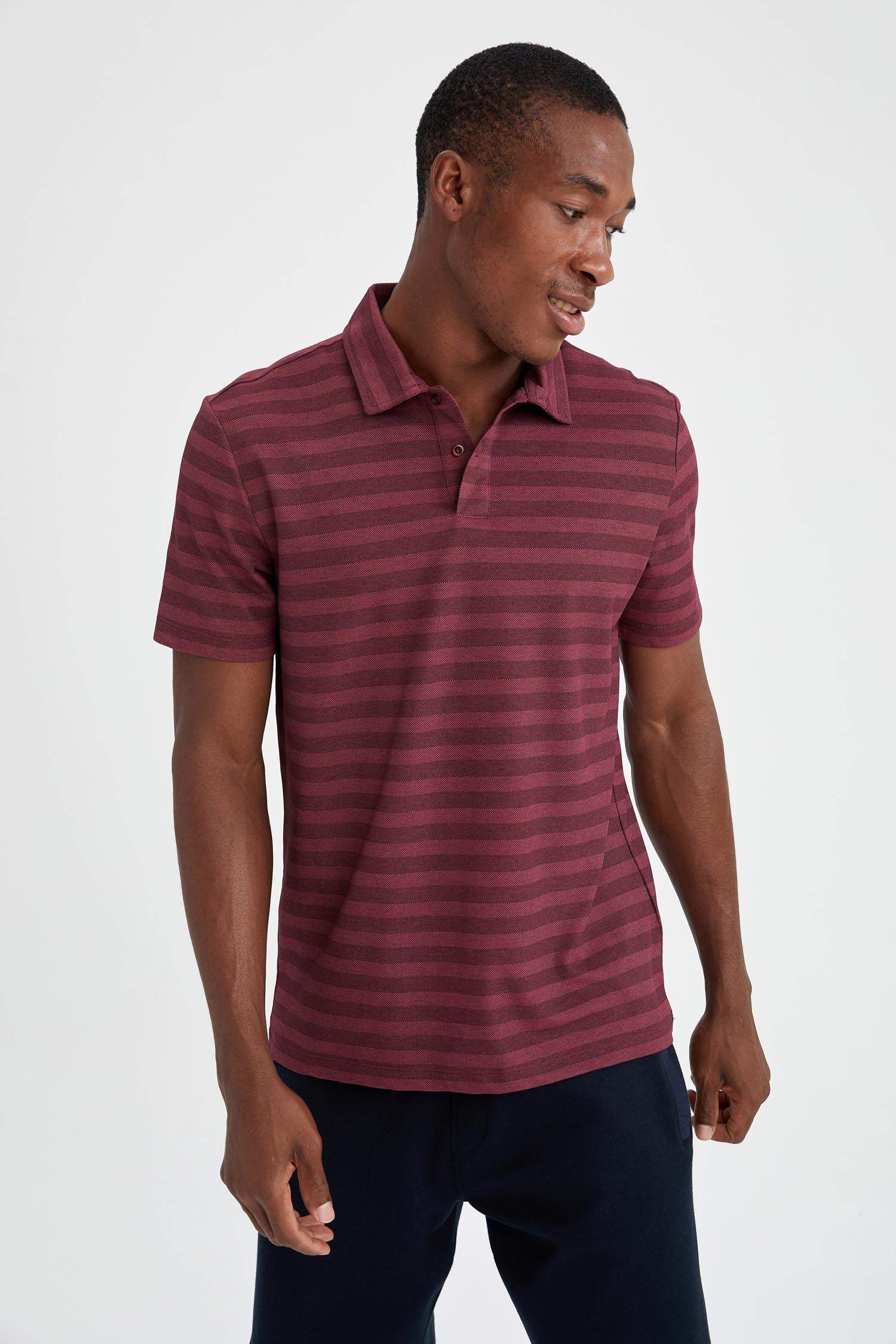 Regular Fit Polo Yaka Çizgi Desenli Kısa Kollu Tişört