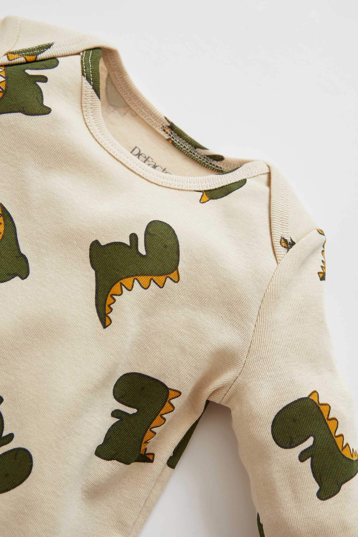 Erkek Bebek Dinozor Baskılı Uzun Kollu Yeni Doğan Çıtçıtlı Pamuklu 2'li Body