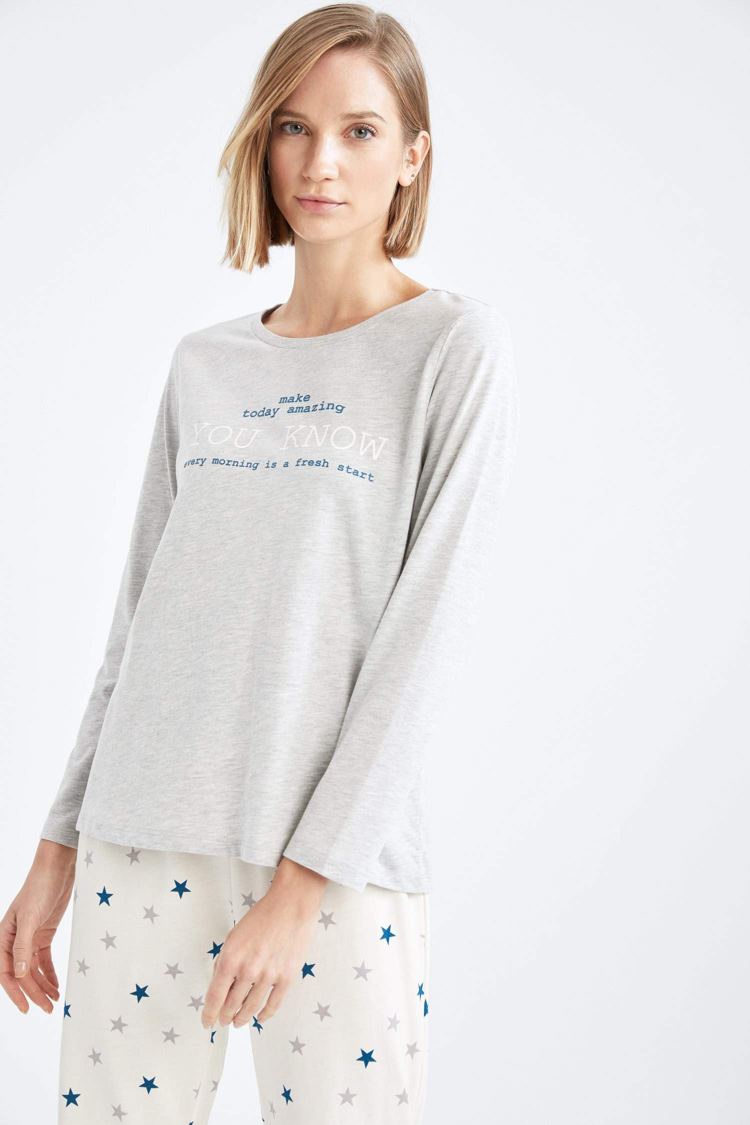 Slogan Baskılı Uzun Kollu Pijama Takımı
