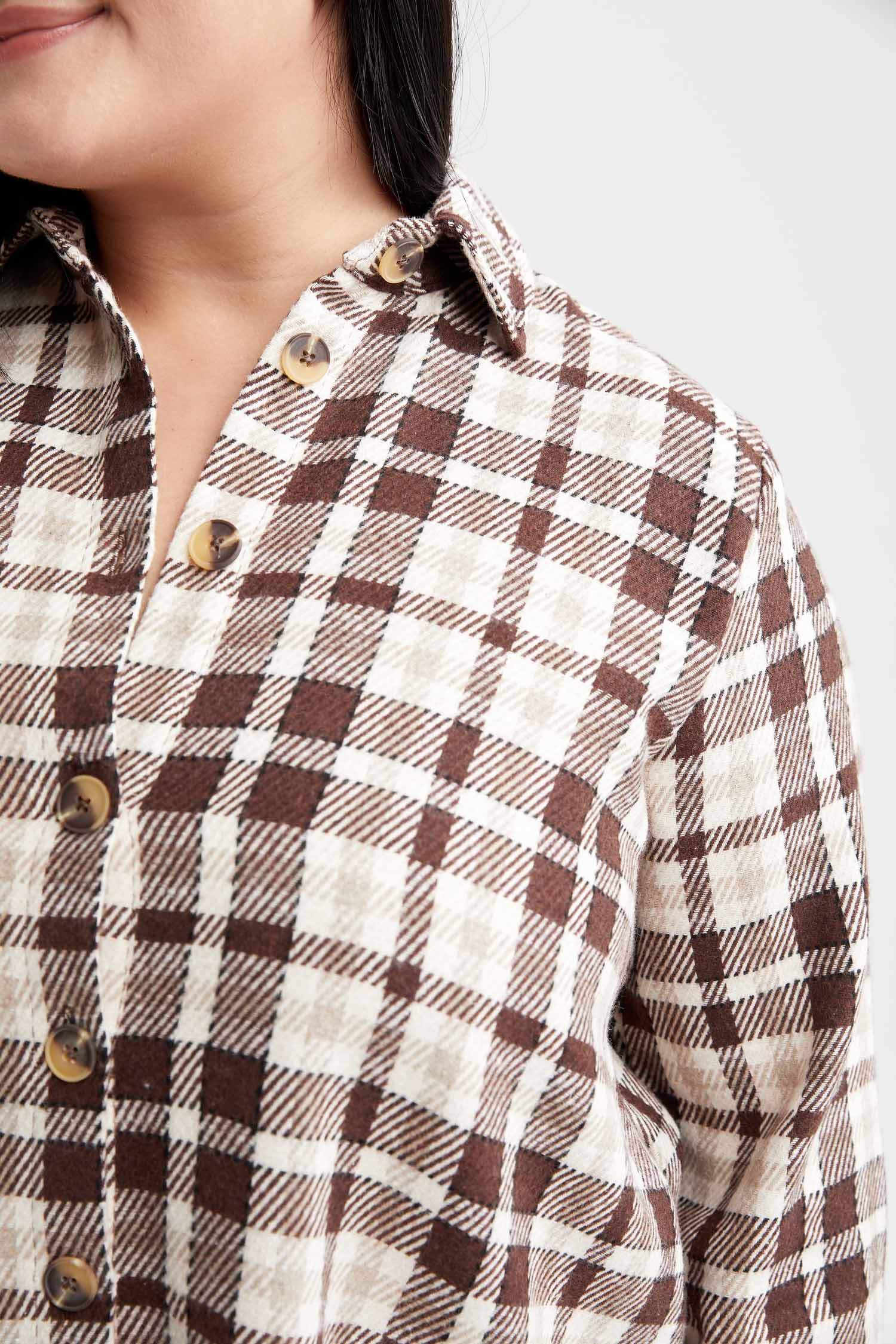 DF Plus Regular Fit Kareli Uzun Kollu Flanel Uzun Kollu Dokuma Tunik
