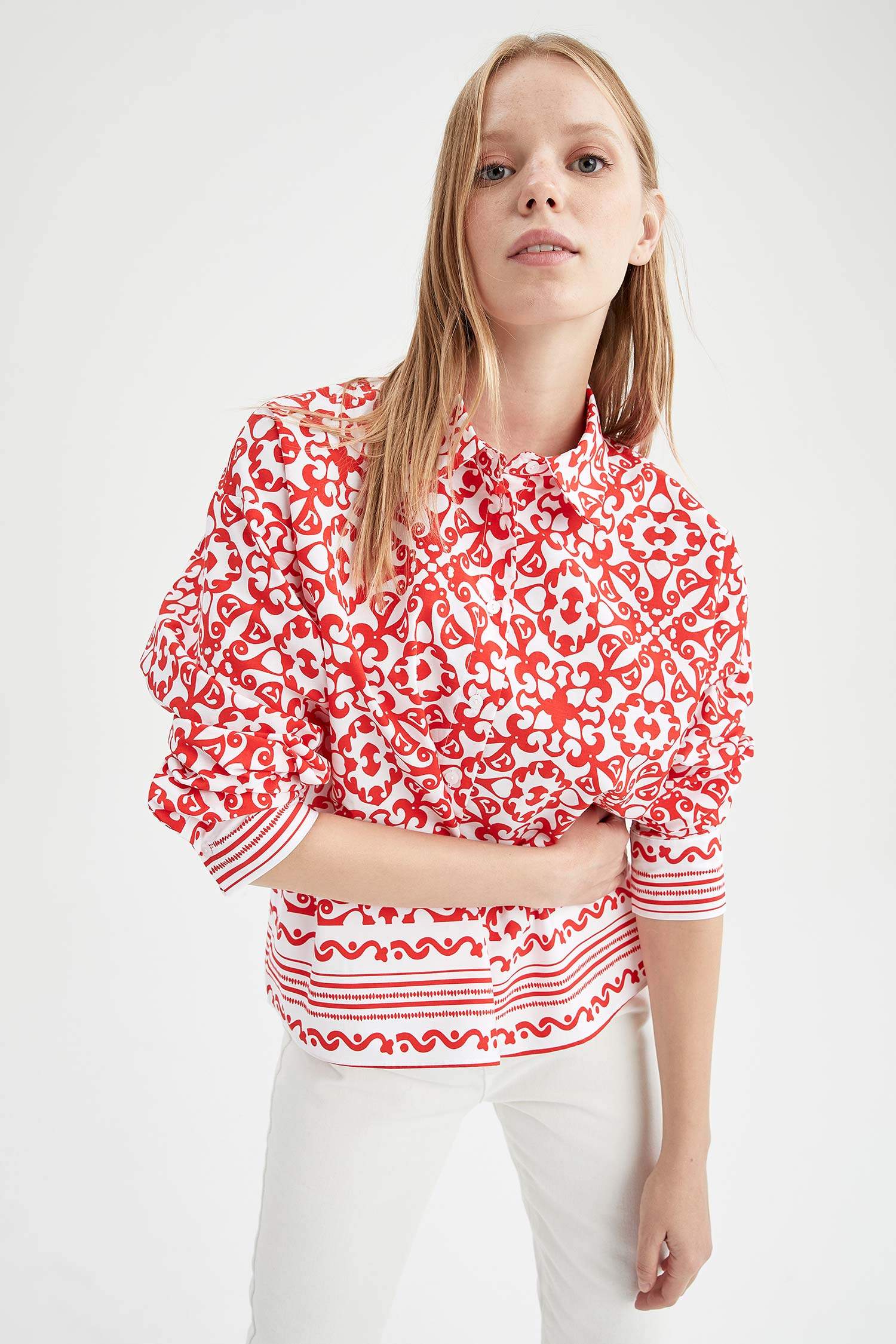 Desenli Oversize Fit Poplin Gömlek