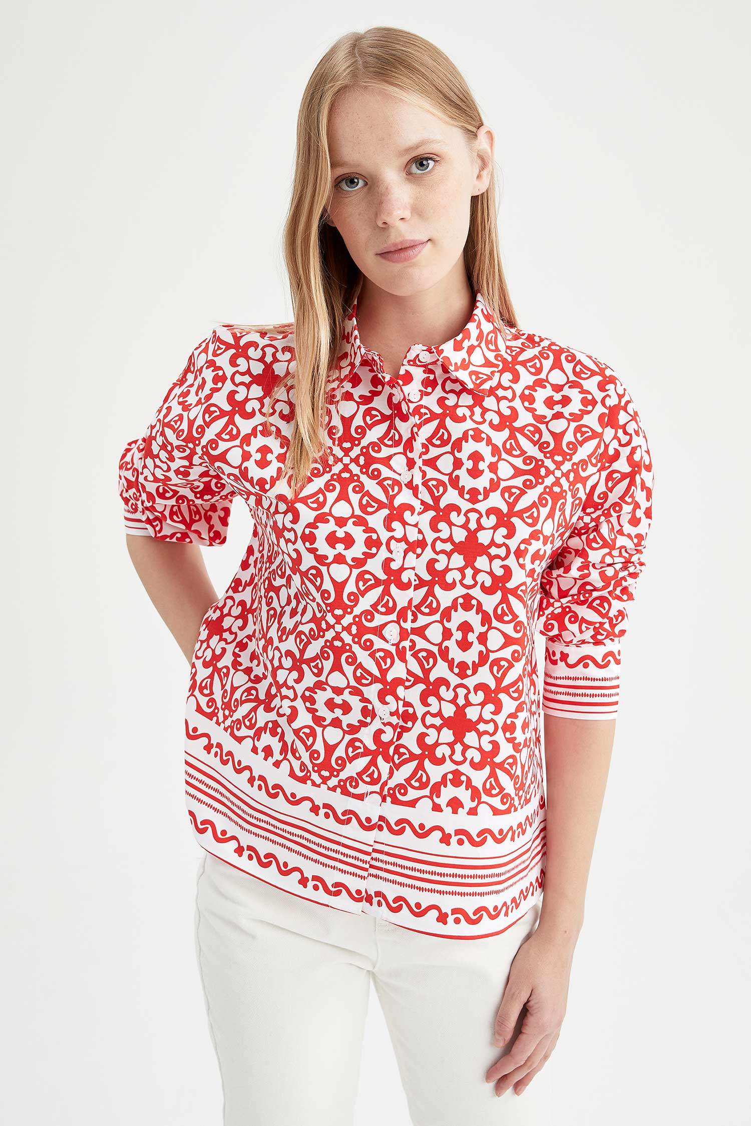 Desenli Oversize Fit Poplin Gömlek