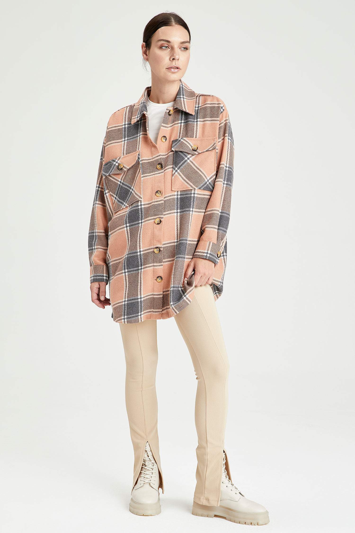 Retro Ekoseli Kapaklı Cepli Oversize Fit Tüvit Oduncu Gömlek Ceket