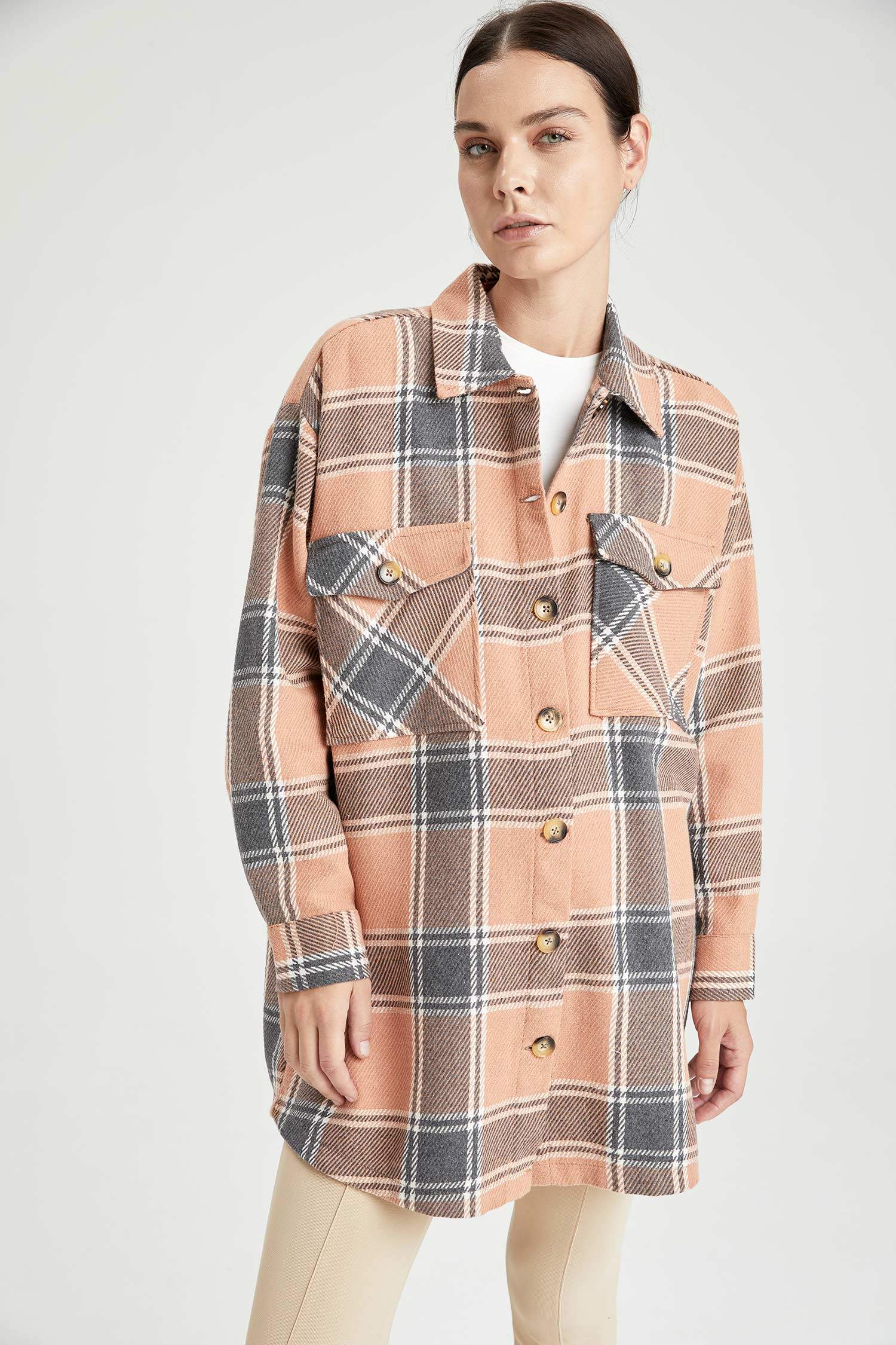 Retro Ekoseli Kapaklı Cepli Oversize Fit Tüvit Oduncu Gömlek Ceket