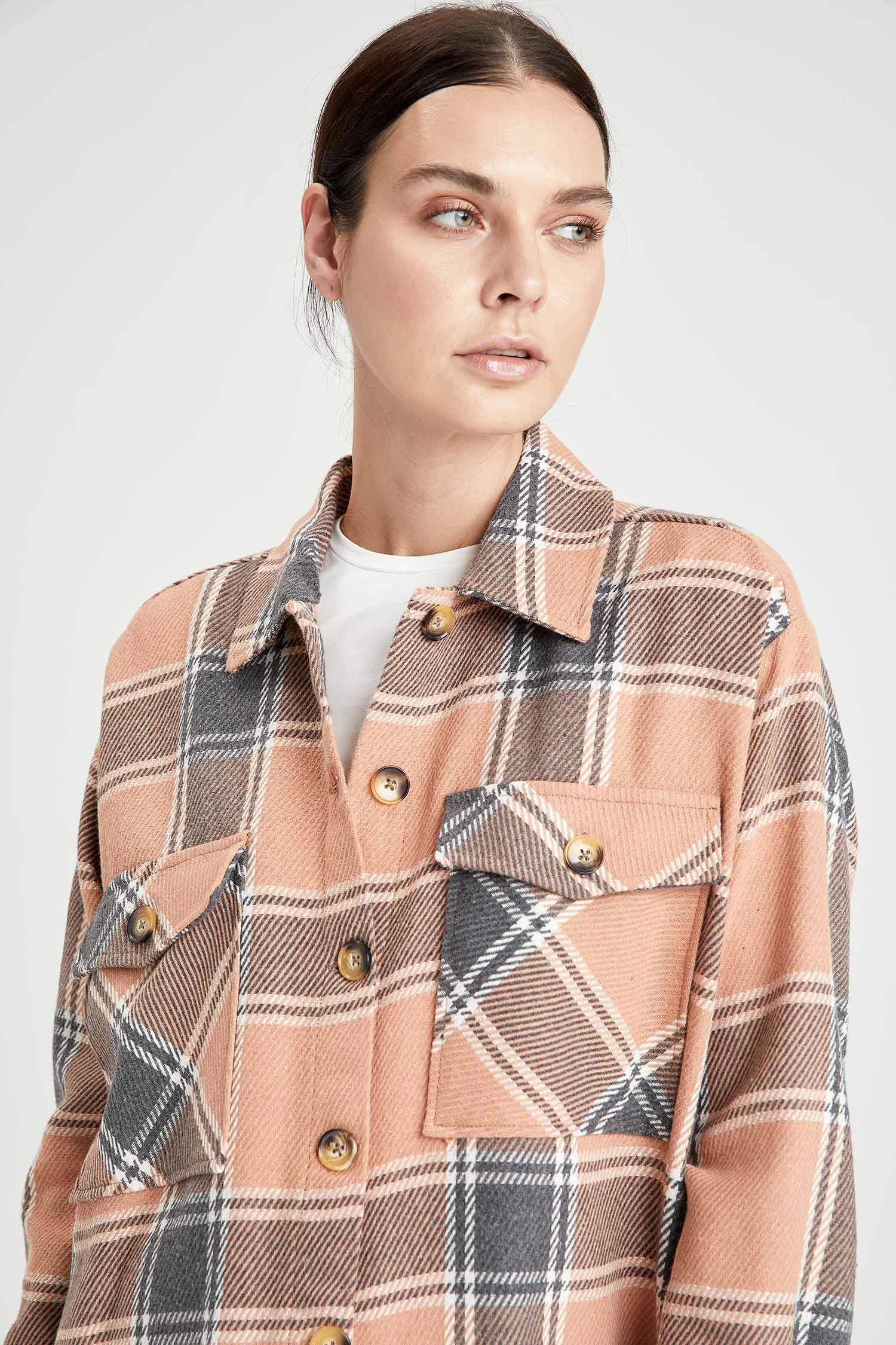 Retro Ekoseli Kapaklı Cepli Oversize Fit Tüvit Oduncu Gömlek Ceket