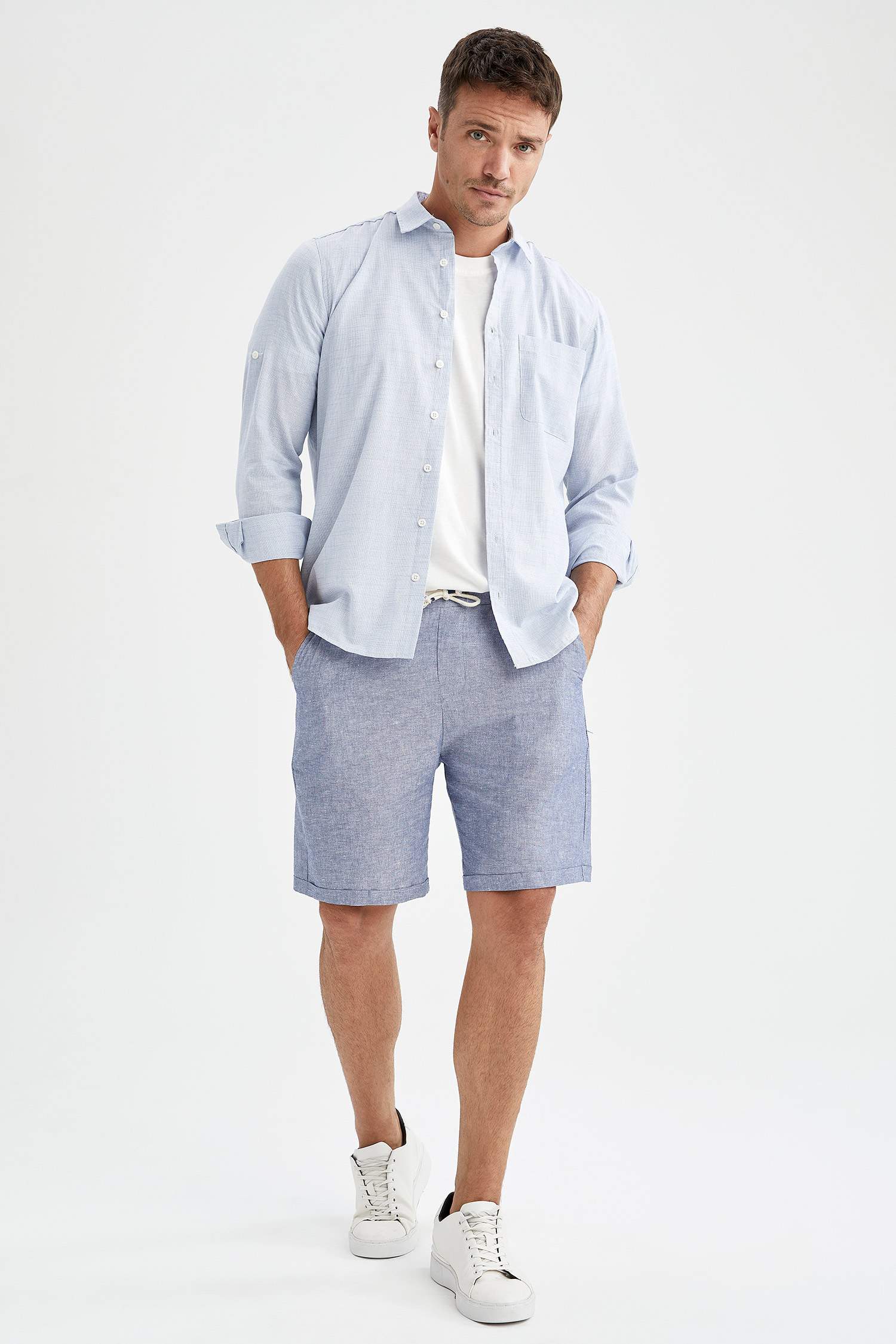 Regular Fit Bağcıklı Keten Bermuda Şort