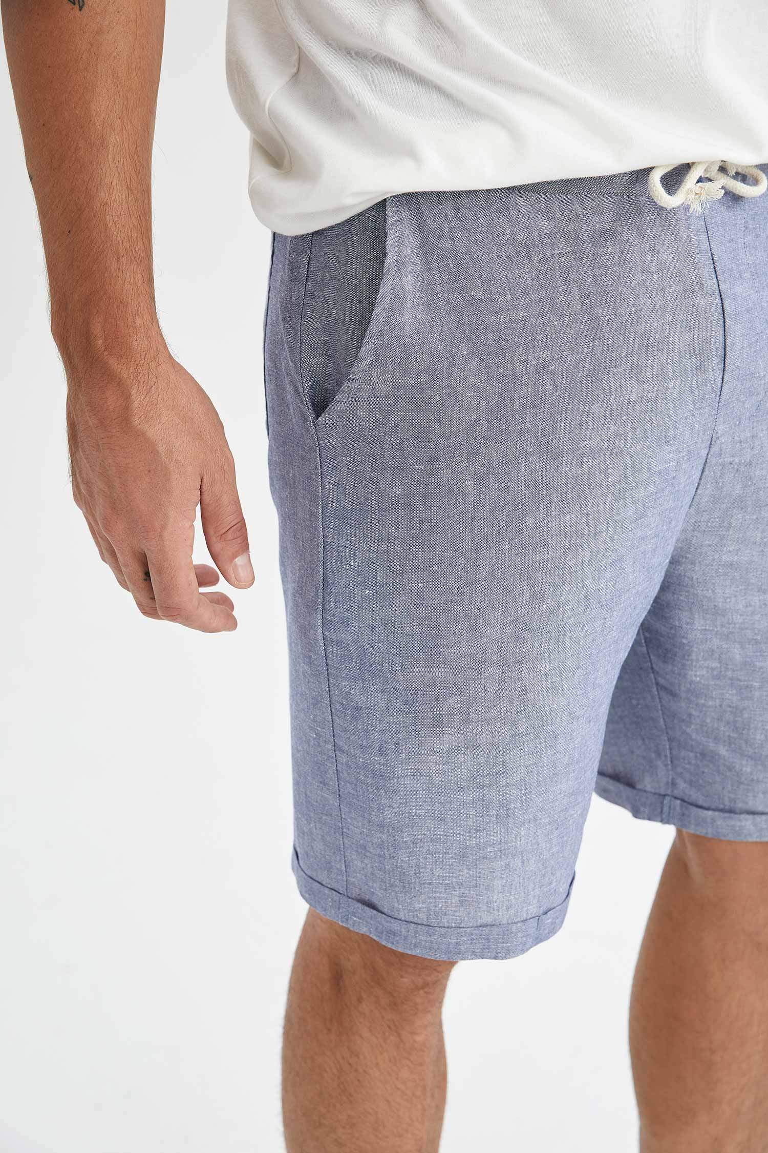 Regular Fit Bağcıklı Keten Bermuda Şort