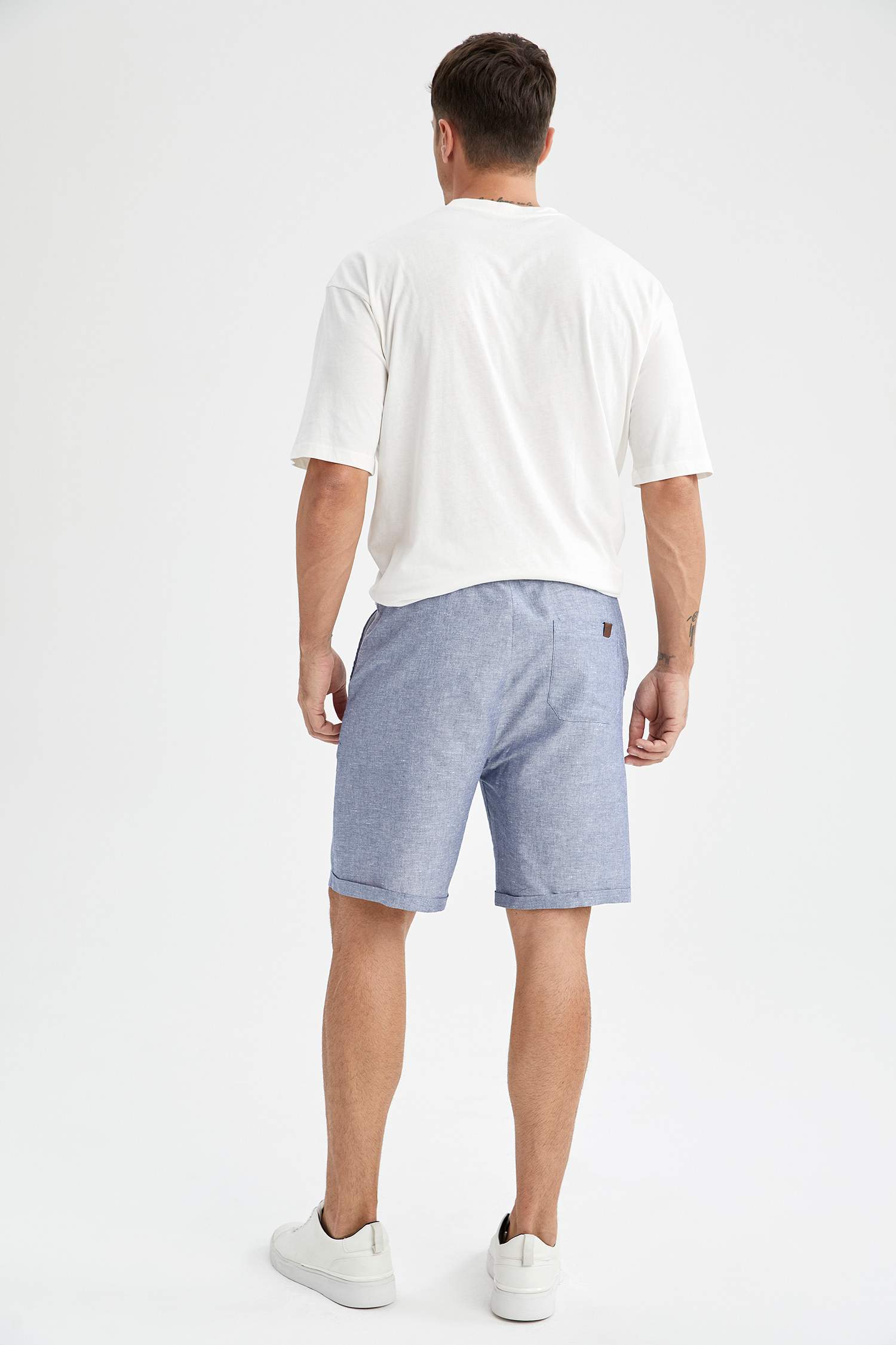 Regular Fit Bağcıklı Keten Bermuda Şort