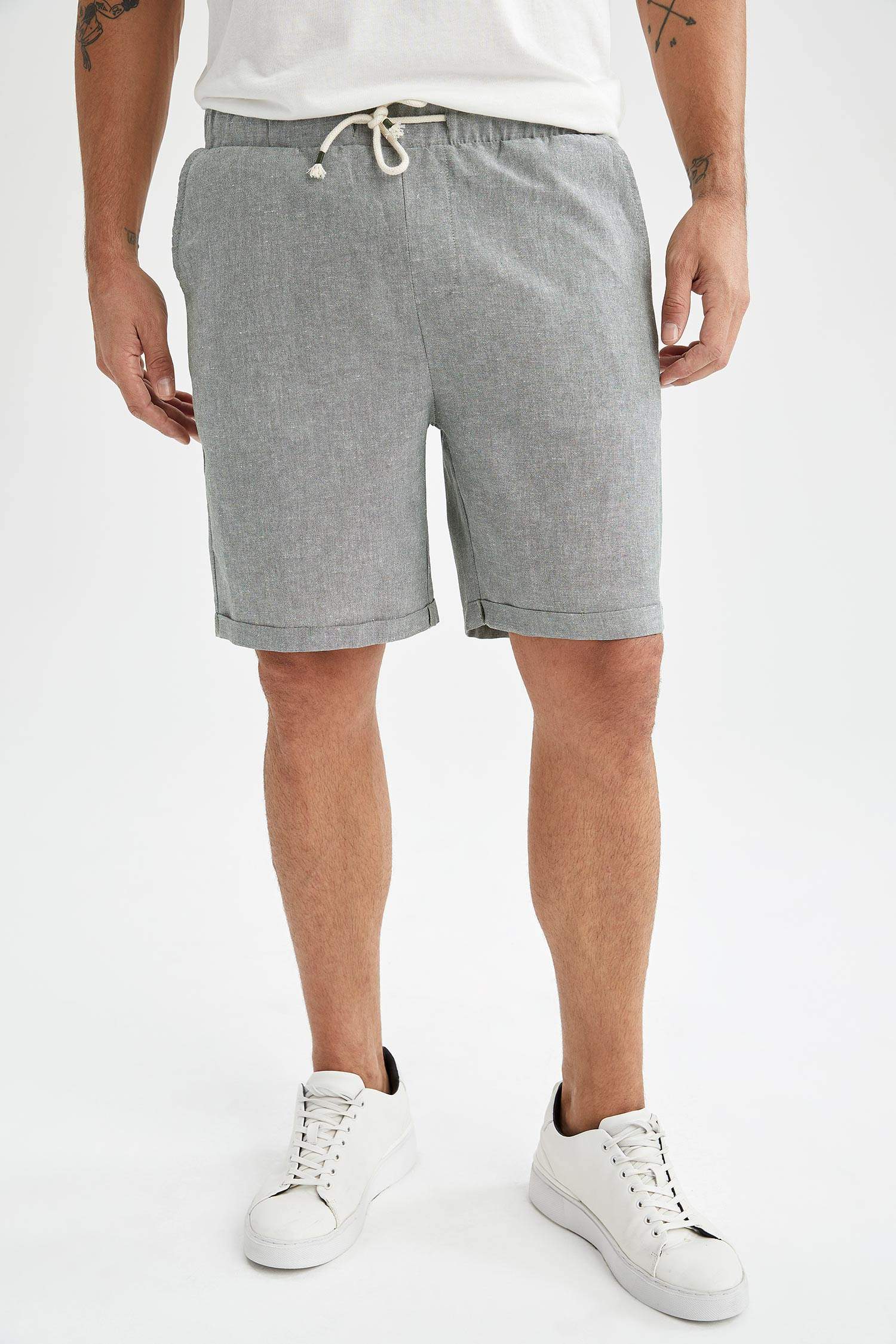 Regular Fit Bağcıklı Keten Bermuda Şort
