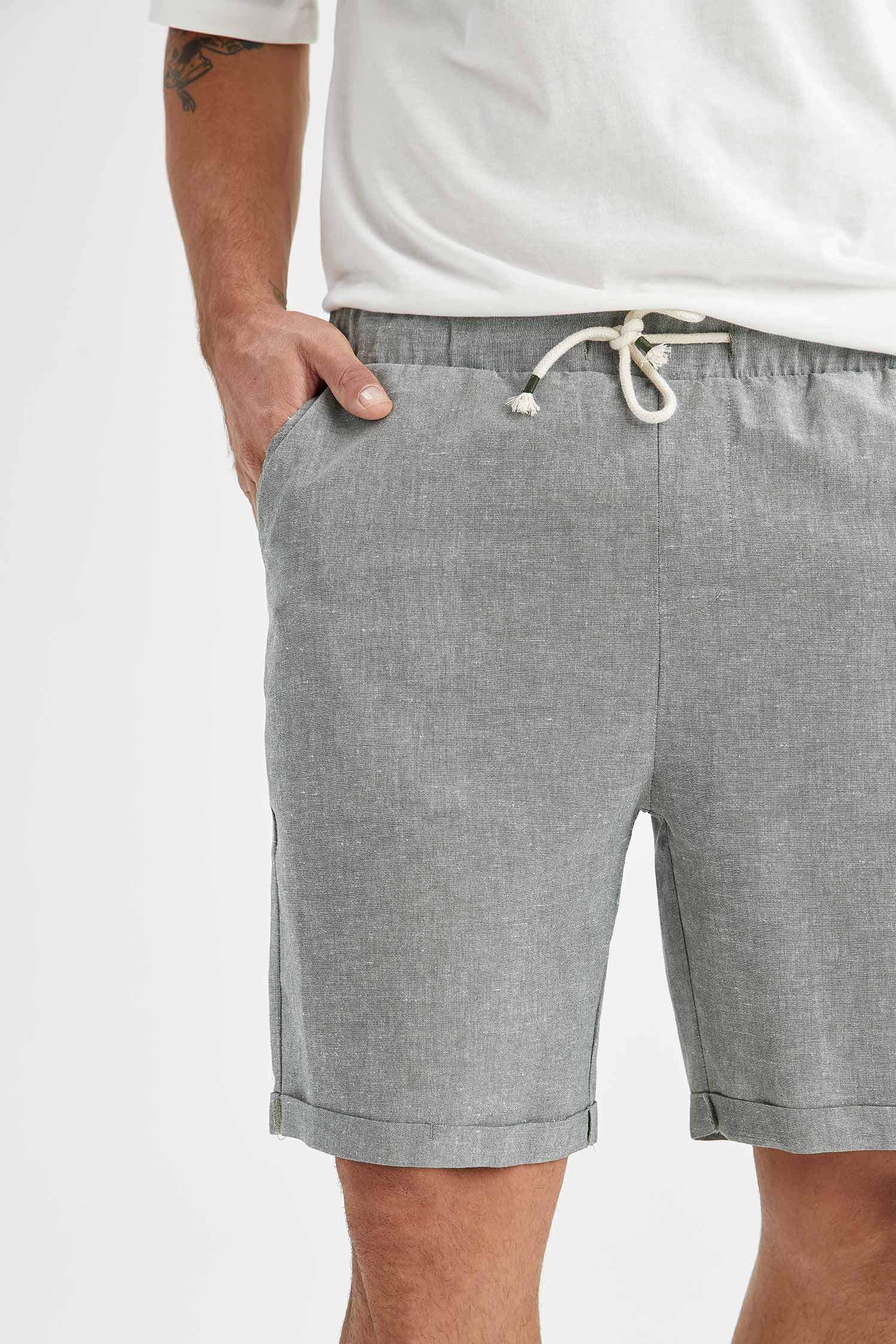 Regular Fit Bağcıklı Keten Bermuda Şort