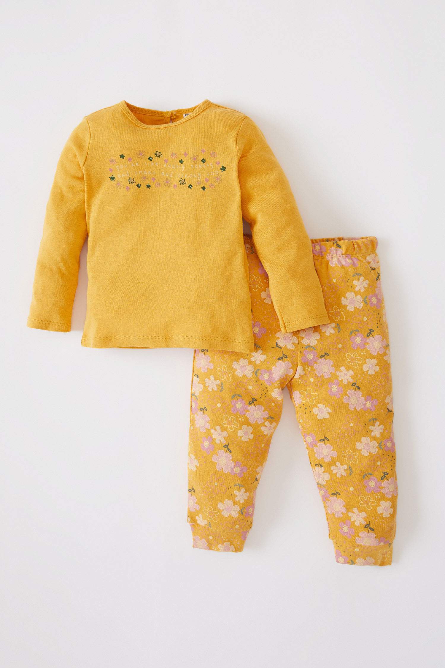 Kız Bebek Çiçek Desenli Uzun Kollu Pamuklu Pijama Takım