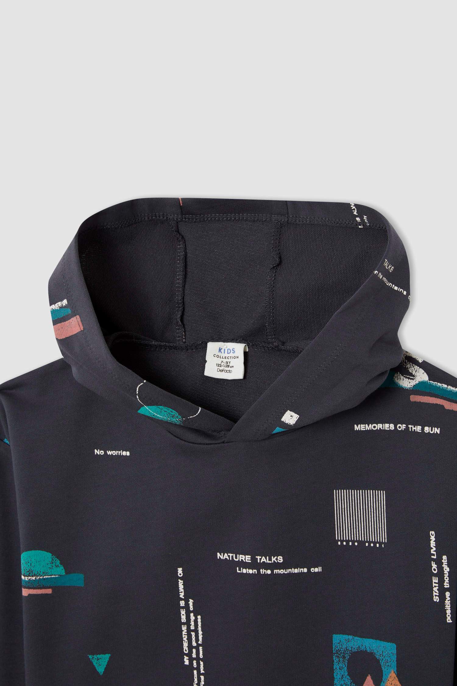 Erkek Çocuk Oversize Geometrik Desenli Kapüşonlu Sweatshirt
