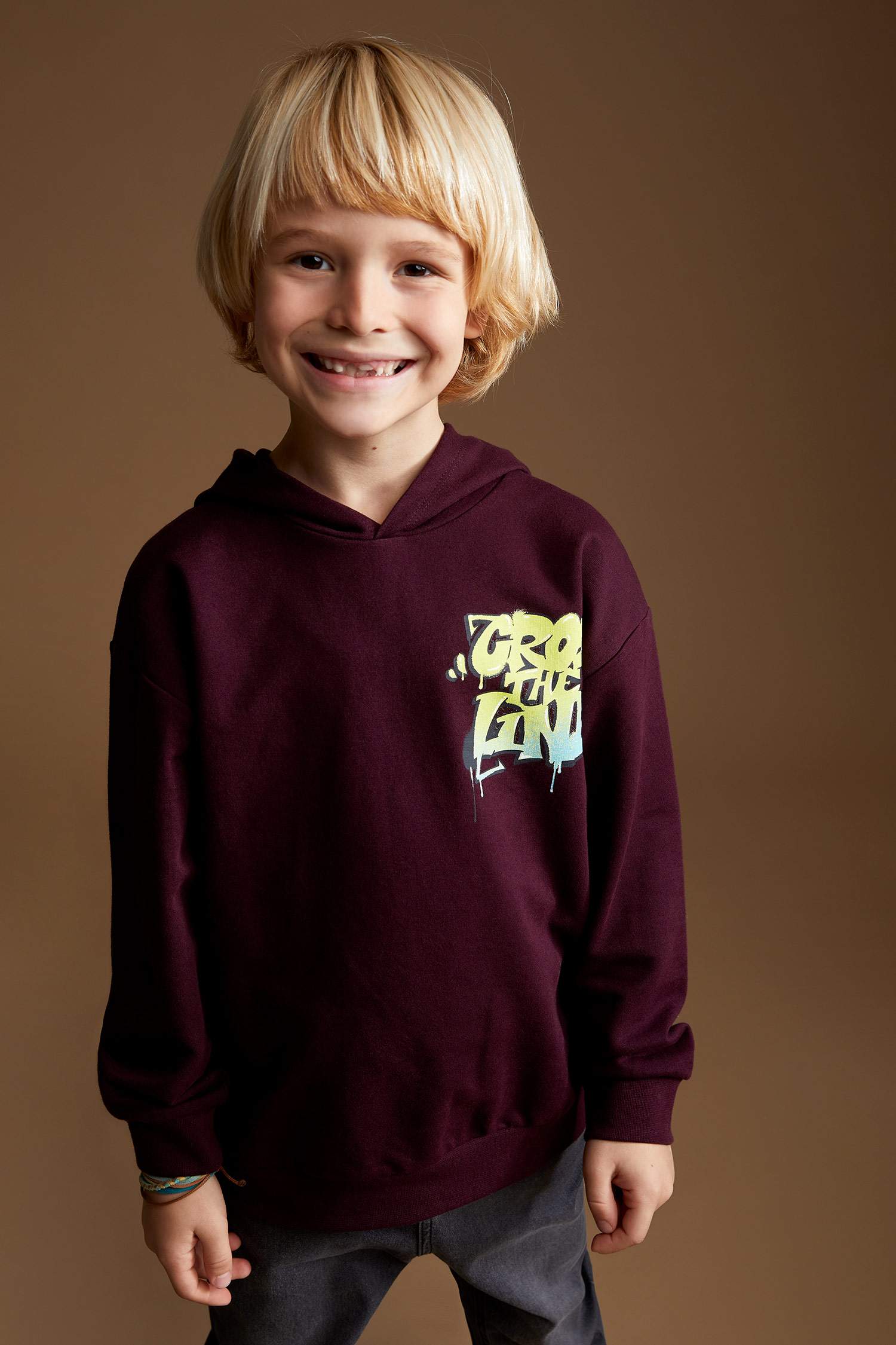 Erkek Çocuk Oversize Slogan Desenli Kapüşonlu Sweatshirt