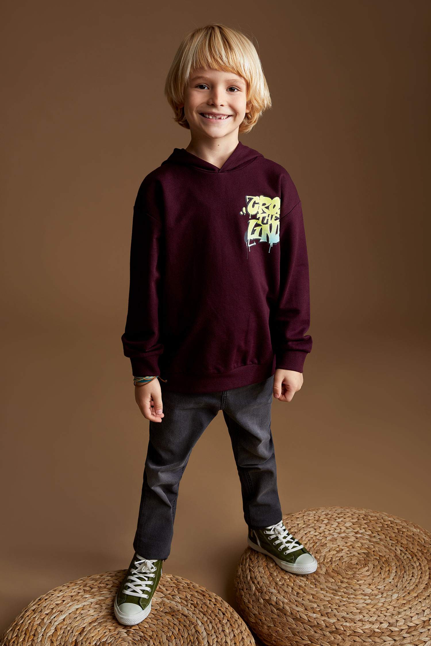 Erkek Çocuk Oversize Slogan Desenli Kapüşonlu Sweatshirt