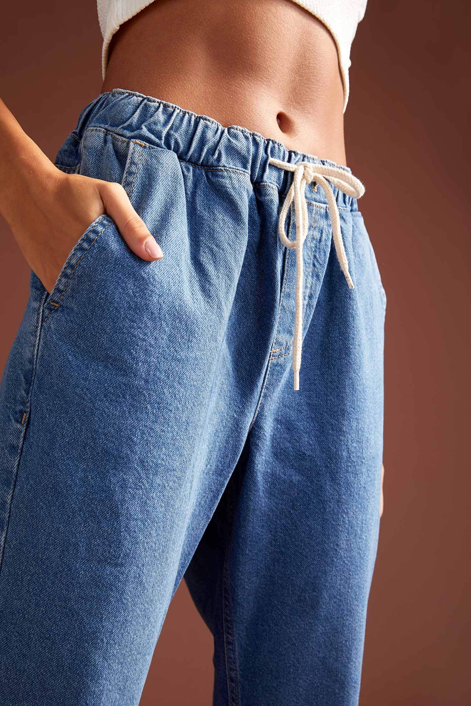 Beli Bağcıklı Yüksek Bel Yıkamalı Jogger Jean Pantolon
