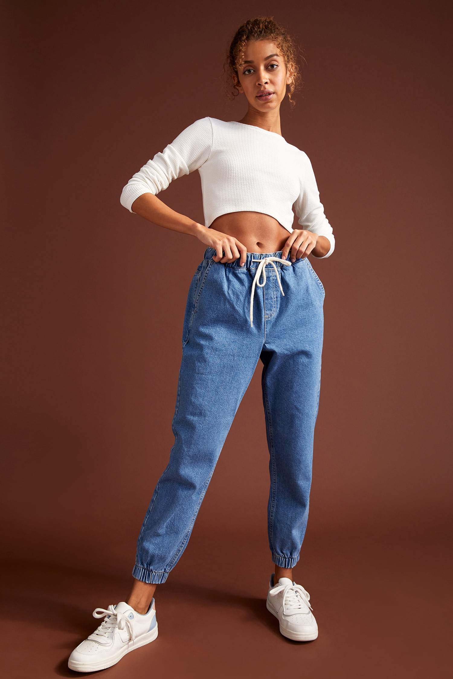 Beli Bağcıklı Yüksek Bel Yıkamalı Jogger Jean Pantolon