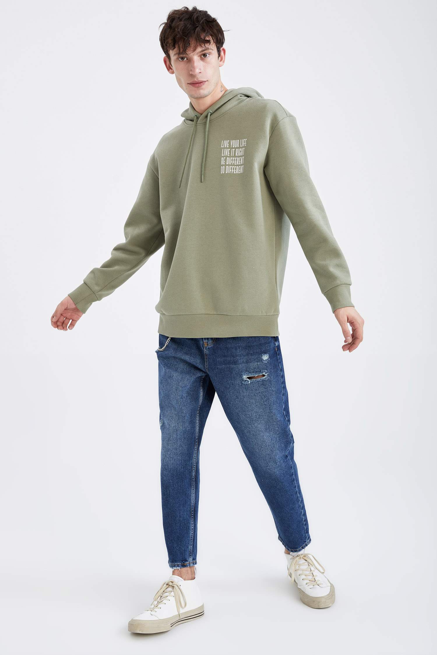 Oversize Fit Kapüşonlu Sırt Baskılı Uzun Kollu Sweatshirt