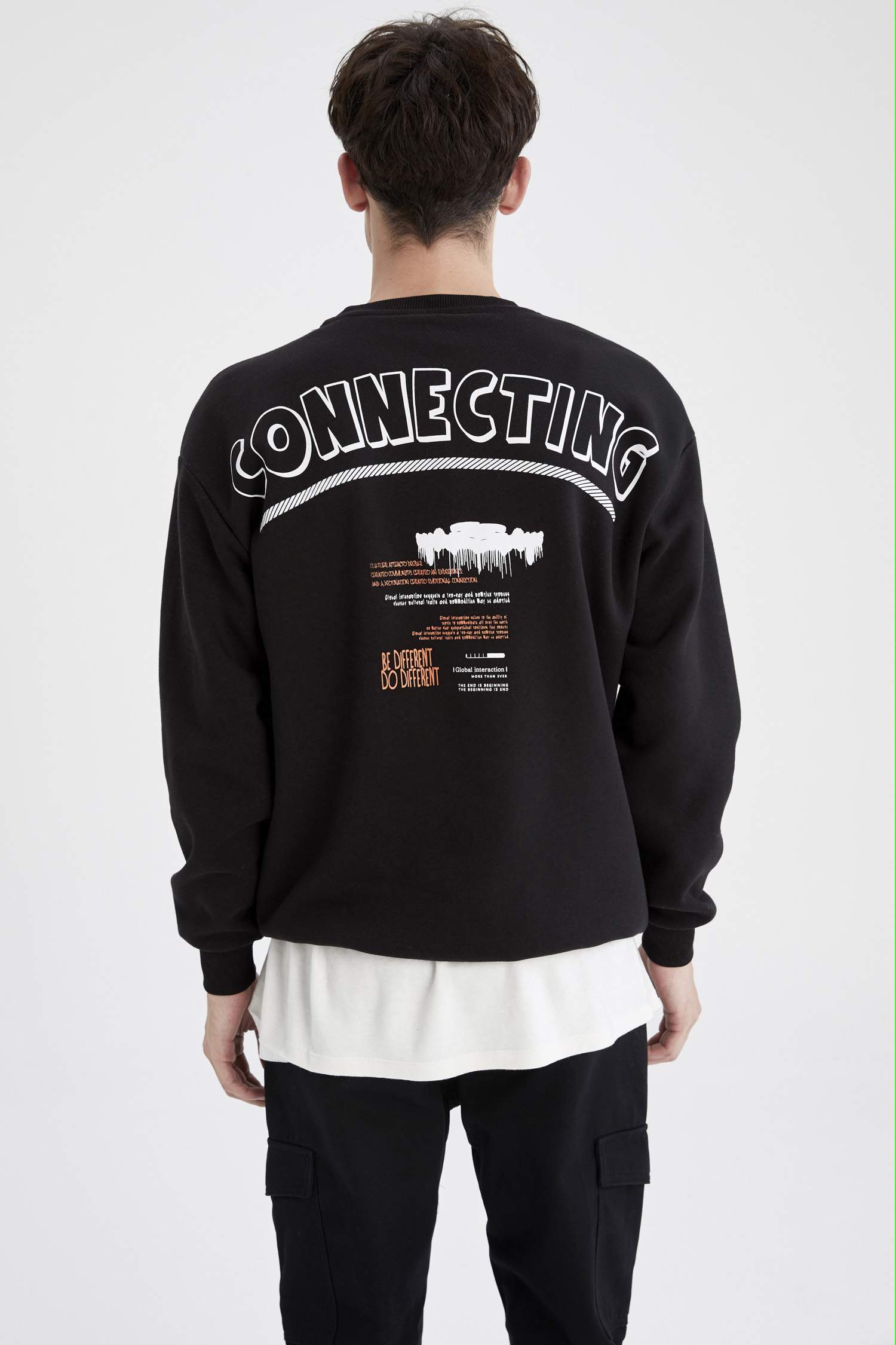 Oversize Fit Bisiklet Yaka Sırt Baskılı Uzun Kollu Sweatshirt