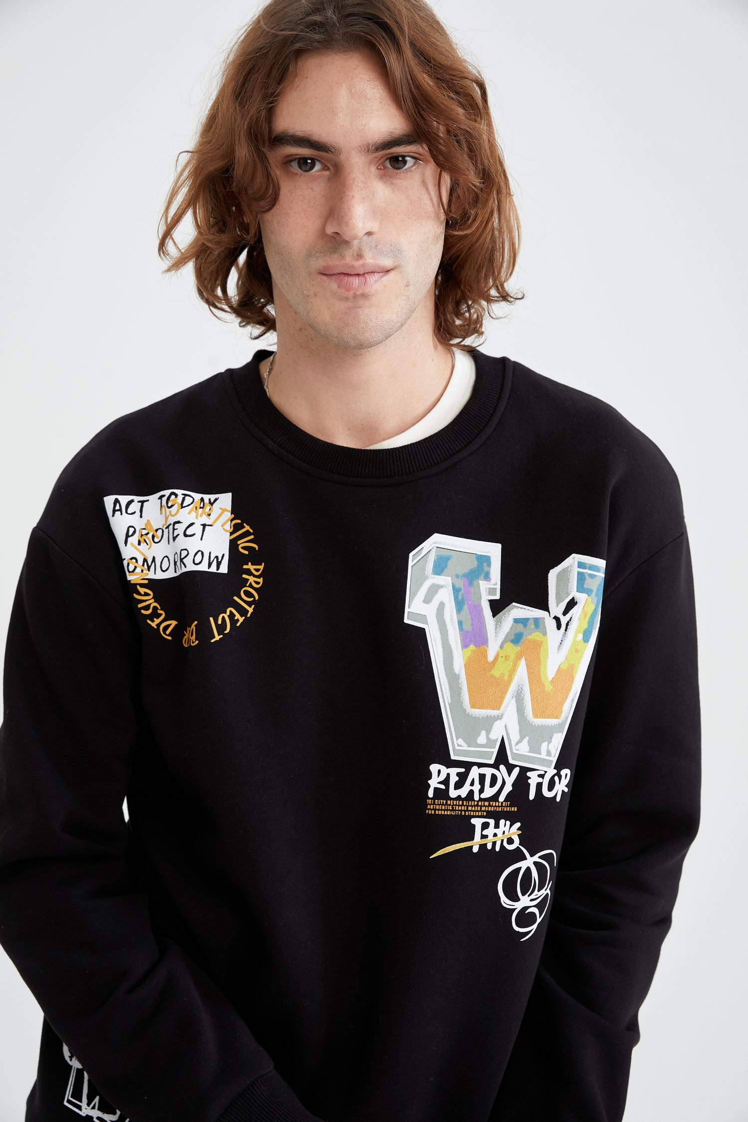 Oversize Fit Bisiklet Yaka Sırt Baskılı Uzun Kollu Sweatshirt