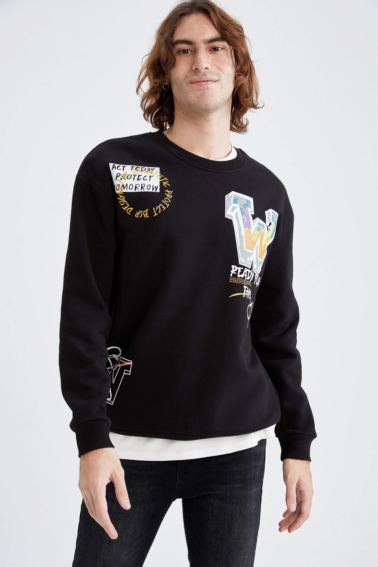 Oversize Fit Bisiklet Yaka Sırt Baskılı Uzun Kollu Sweatshirt