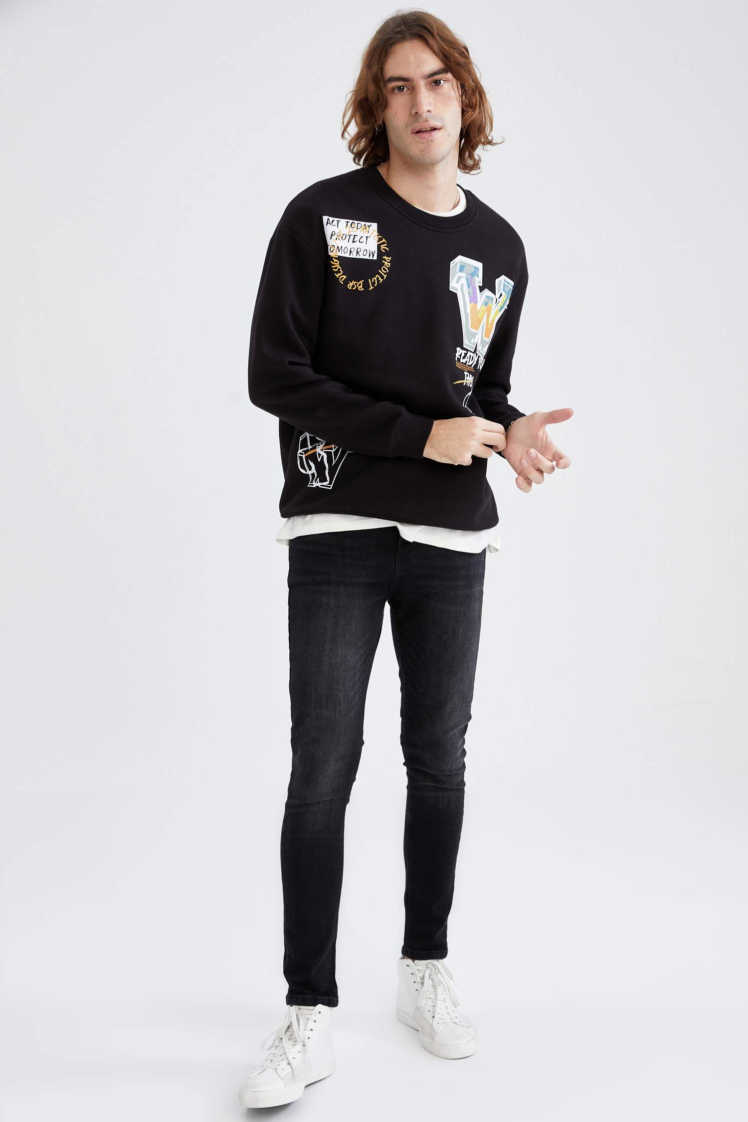Oversize Fit Bisiklet Yaka Sırt Baskılı Uzun Kollu Sweatshirt