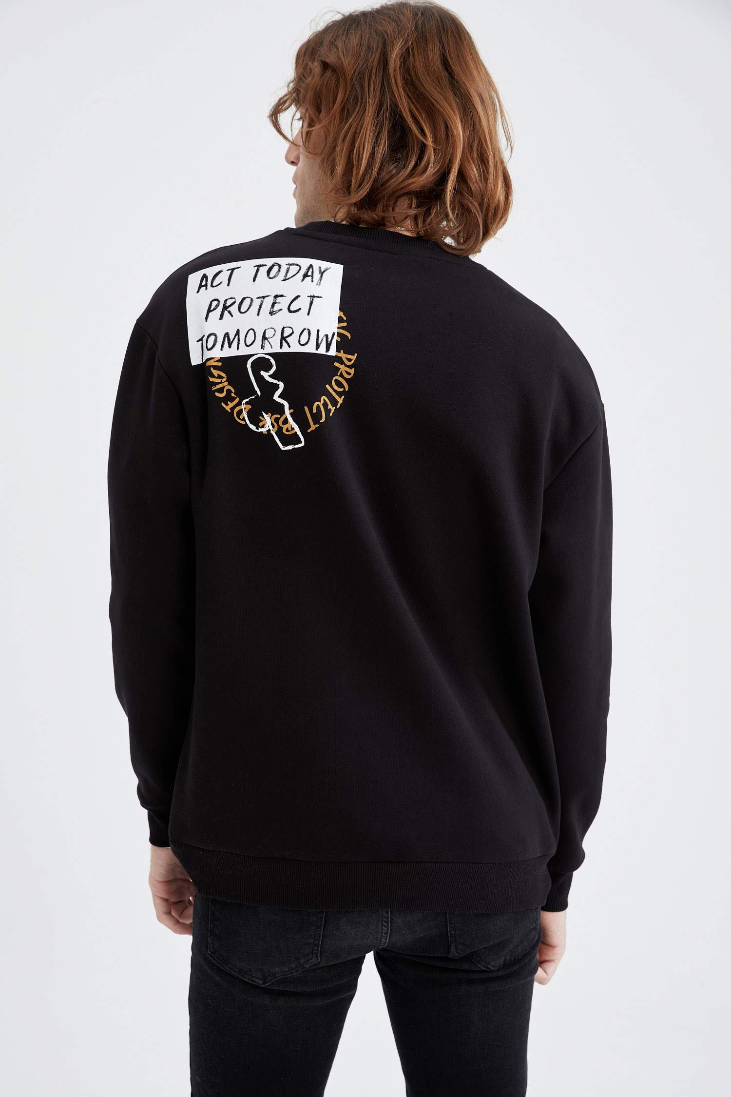 Oversize Fit Bisiklet Yaka Sırt Baskılı Uzun Kollu Sweatshirt