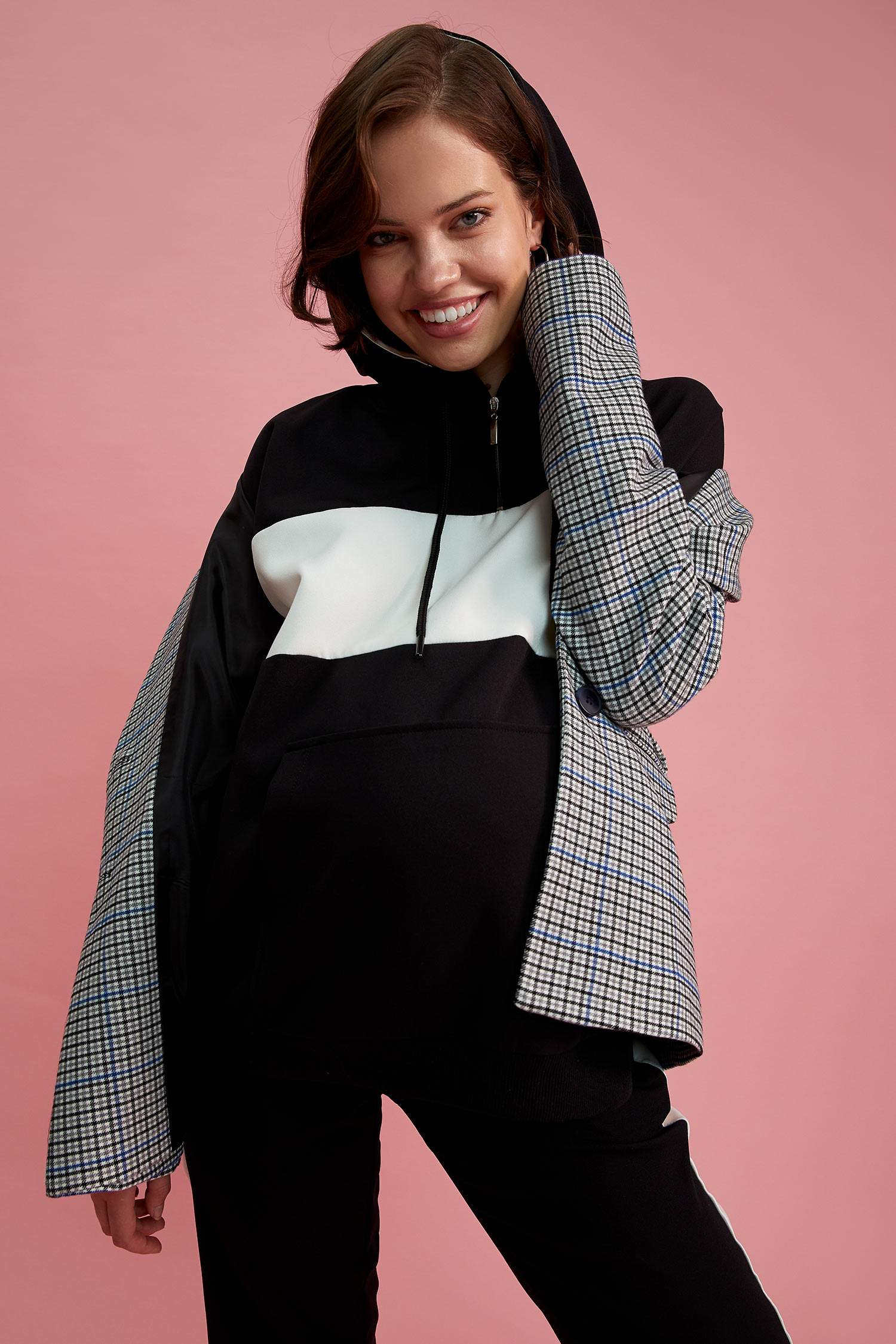 Hamile Relax Fit Renk Bloklu Kapüşonlu Sweatshirt.