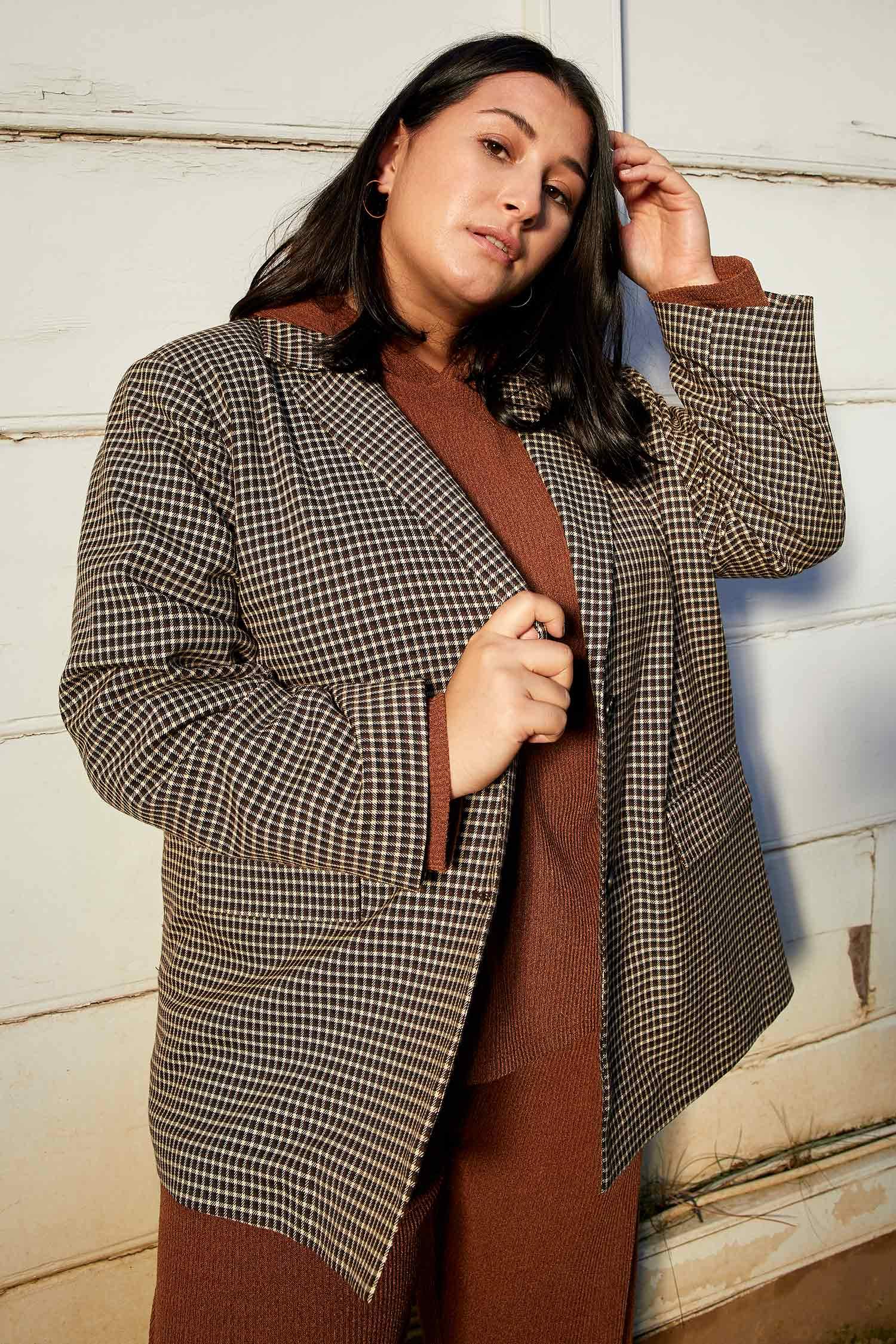 Kareli Kapaklı Cepli Oversize Fit Uzun Kollu Blazer Ceket