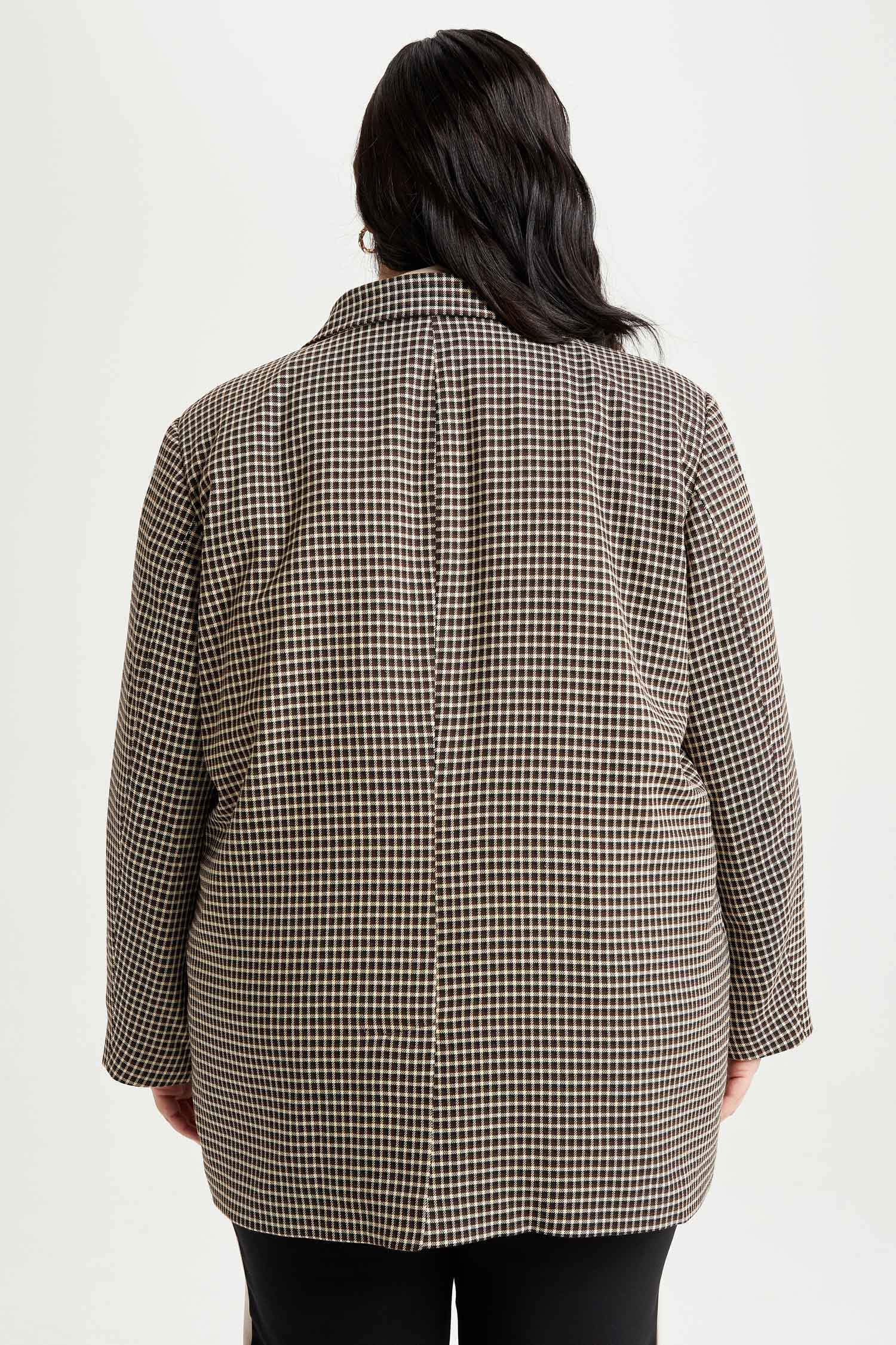 Kareli Kapaklı Cepli Oversize Fit Uzun Kollu Blazer Ceket