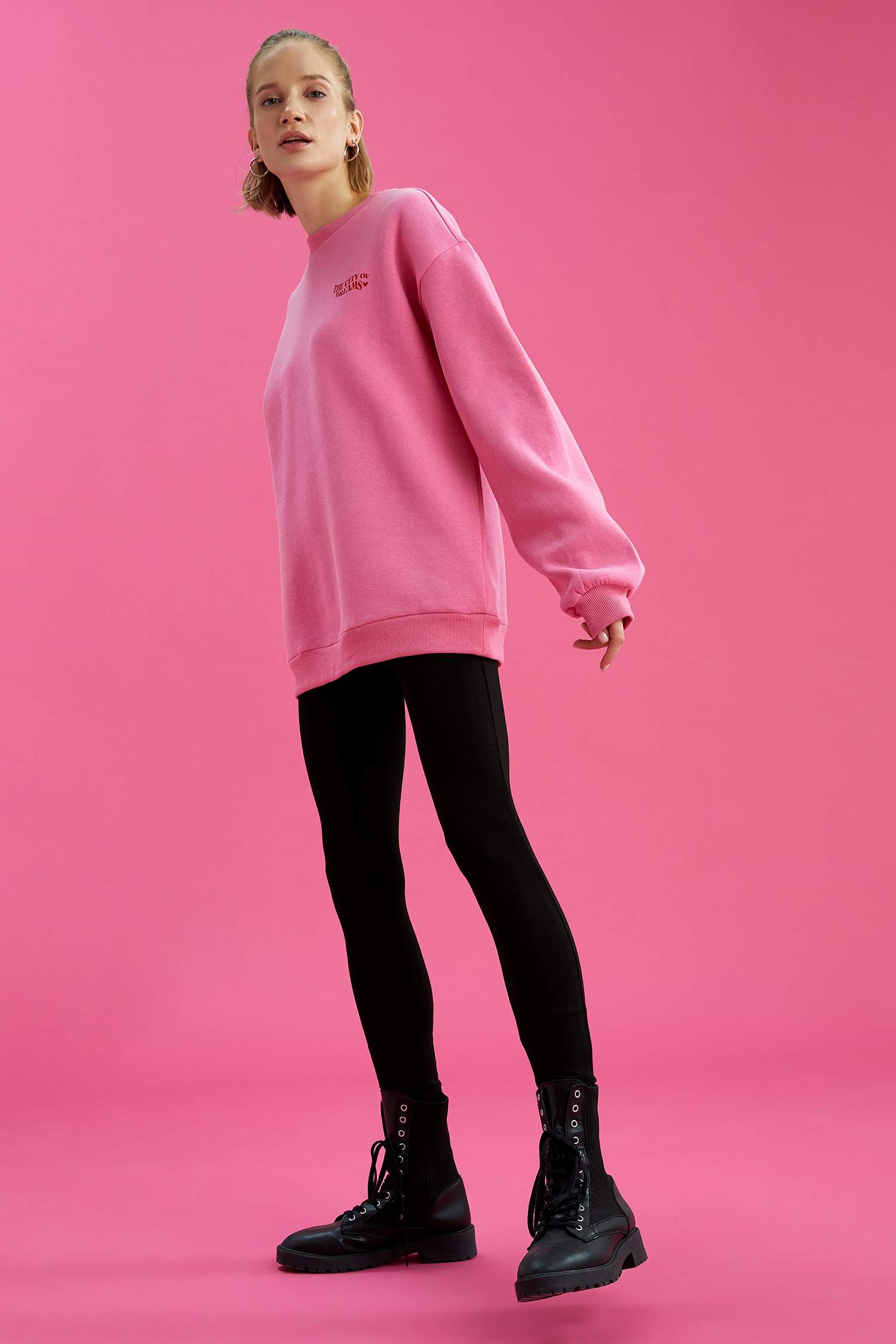 Sırtı Los Angeles Baskılı İçi Yumuşak Tüylü Oversize Fit Sweatshirt