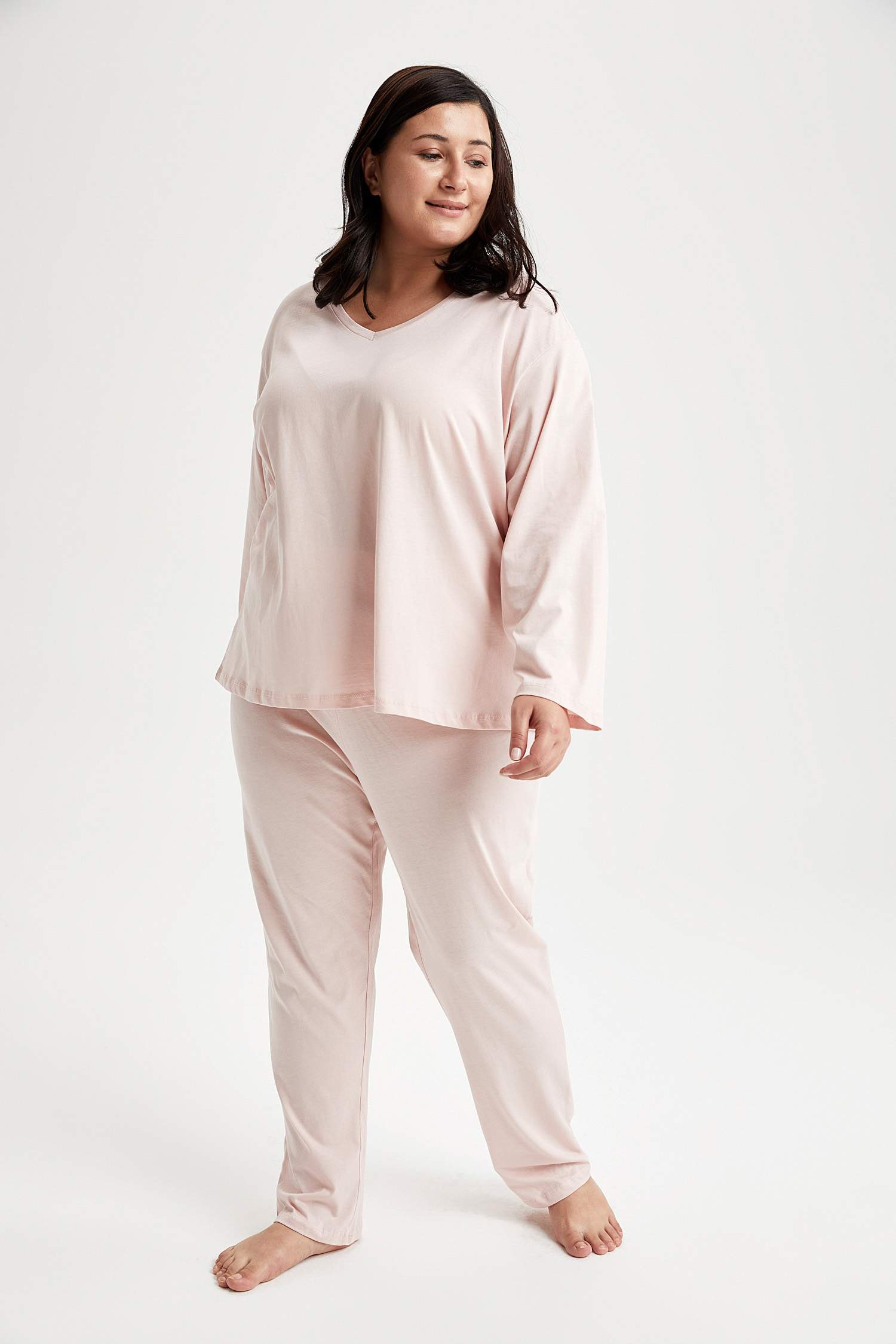 V Yaka Basic Relax Fit Uzun Kollu Büyük Beden Pijama Takımı
