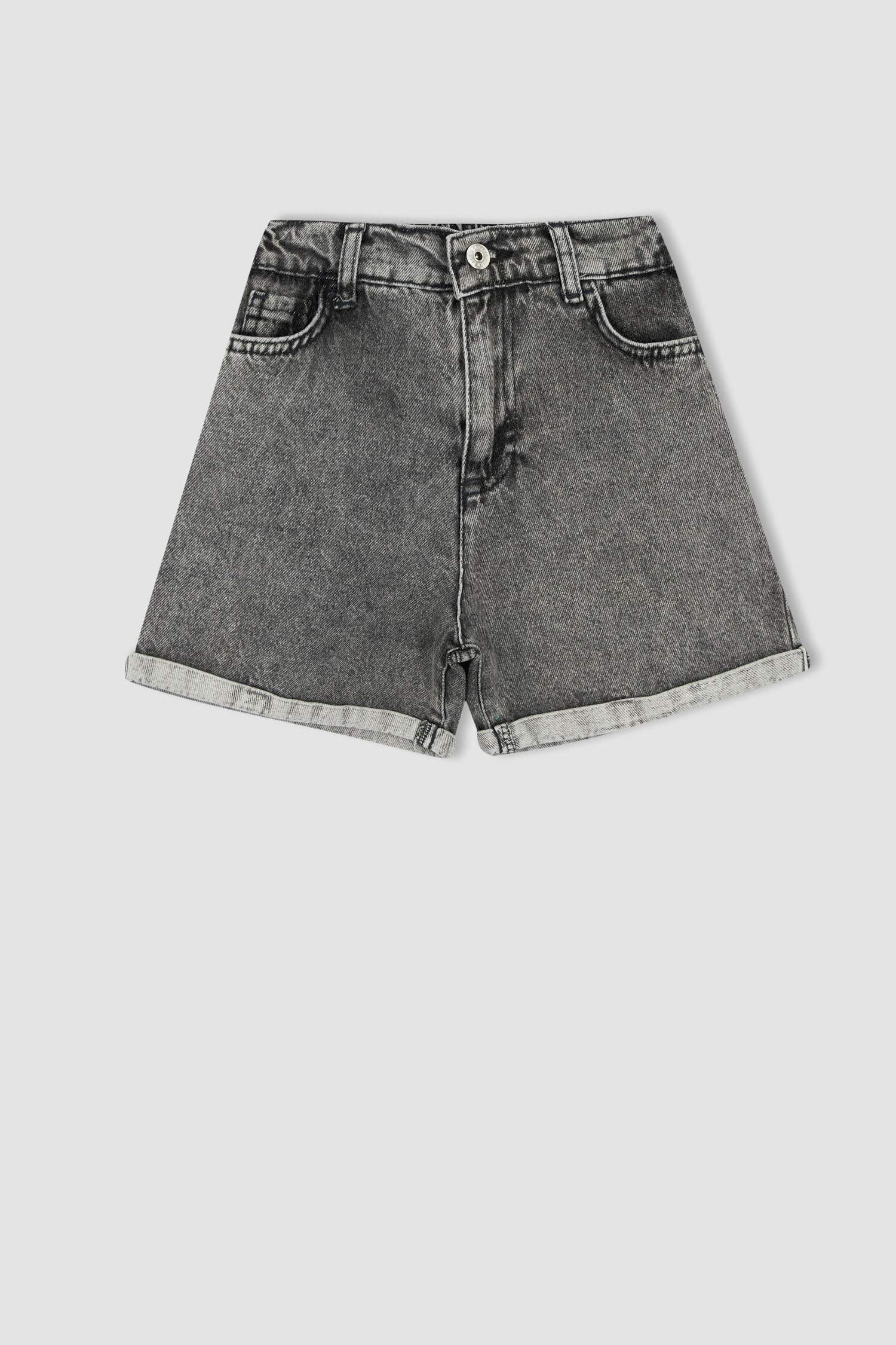 Kız Çocuk Mom Fit Paça Katlama Detaylı Jean Şort