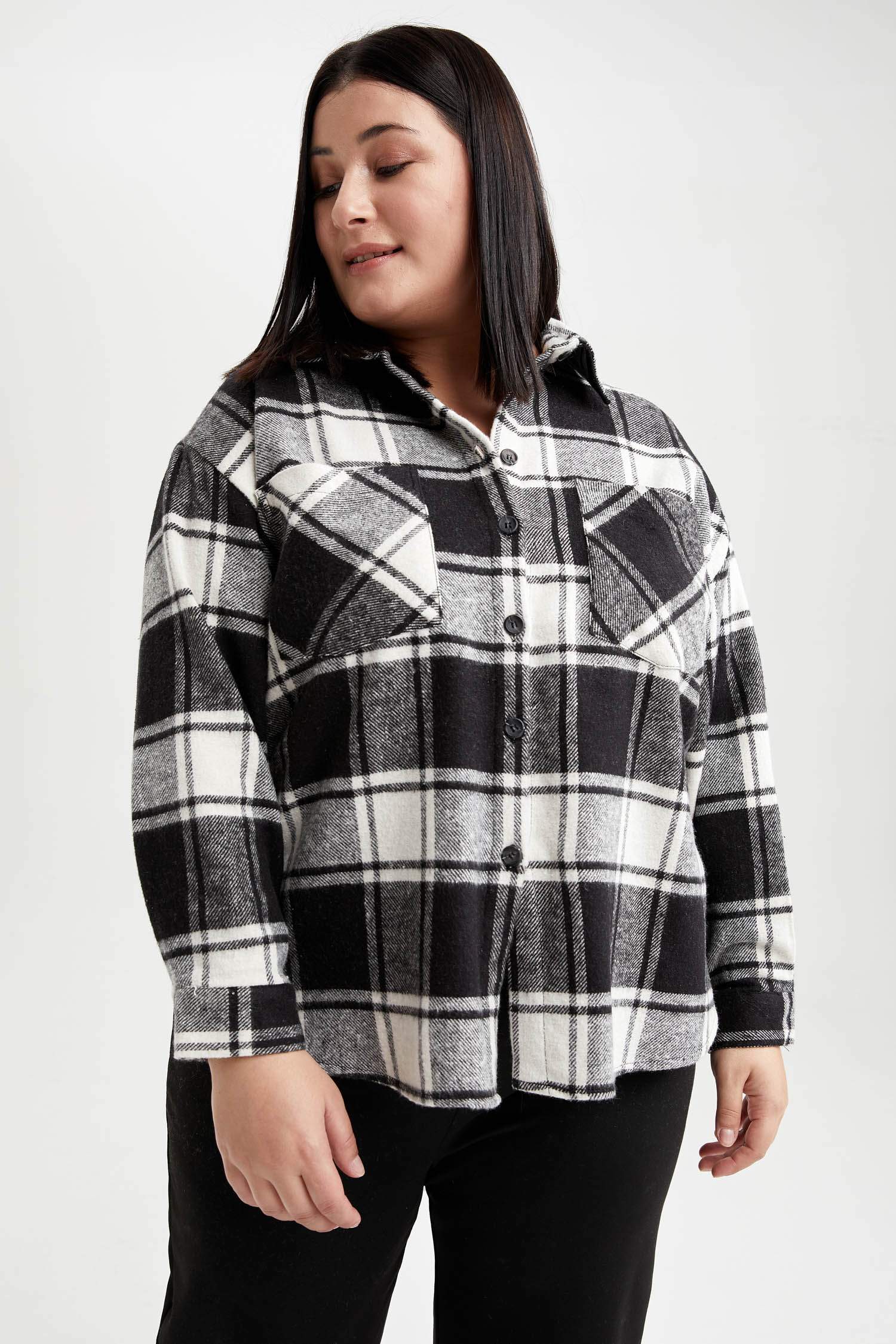 DF Plus Loose Fit Ekose Desenli Cepli Büyük Beden Oduncu Gömlek Ceket
