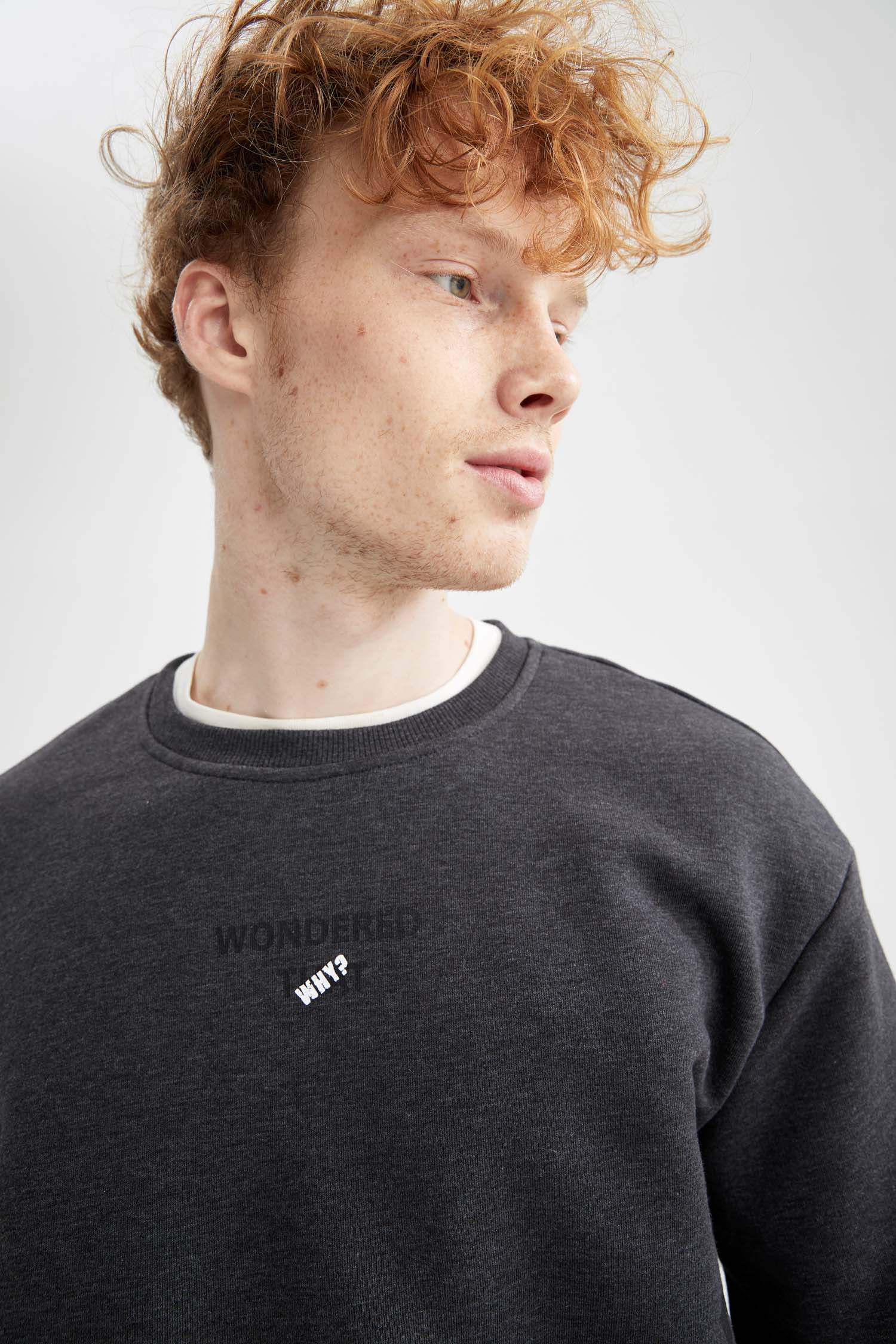 Boxy Fit Bisiklet Yaka Baskılı Uzun Kollu Sweatshirt