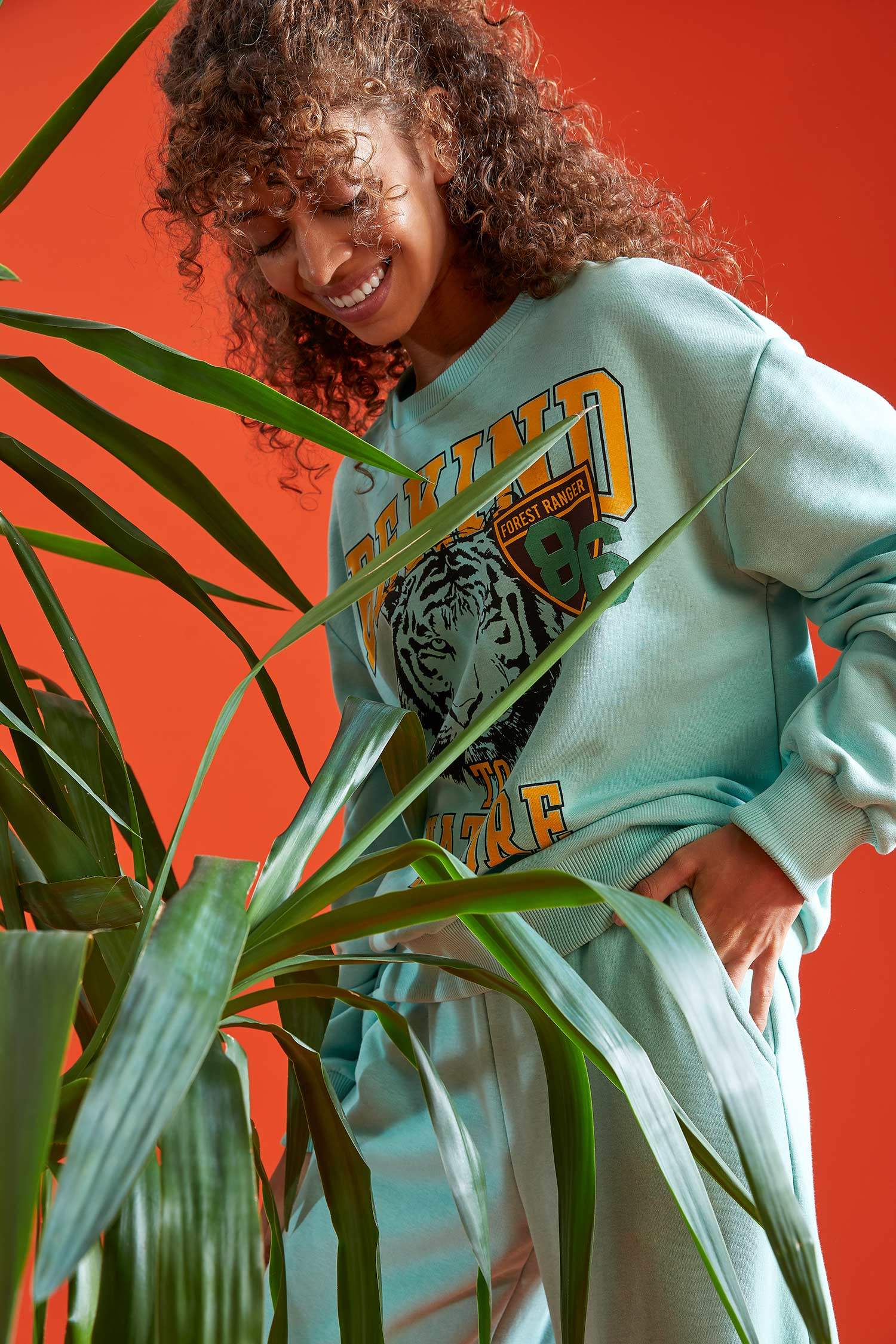 Hayvan Desenli Oversize Bisiklet Yaka Uzun Kollu Sweatshirt
