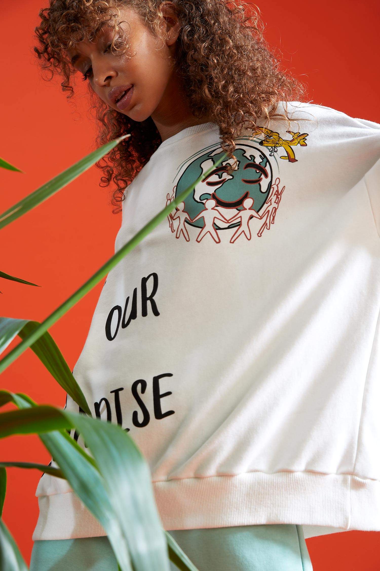 Slogan Desenli Oversize Bisiklet Yaka Uzun Kollu Sweatshirt