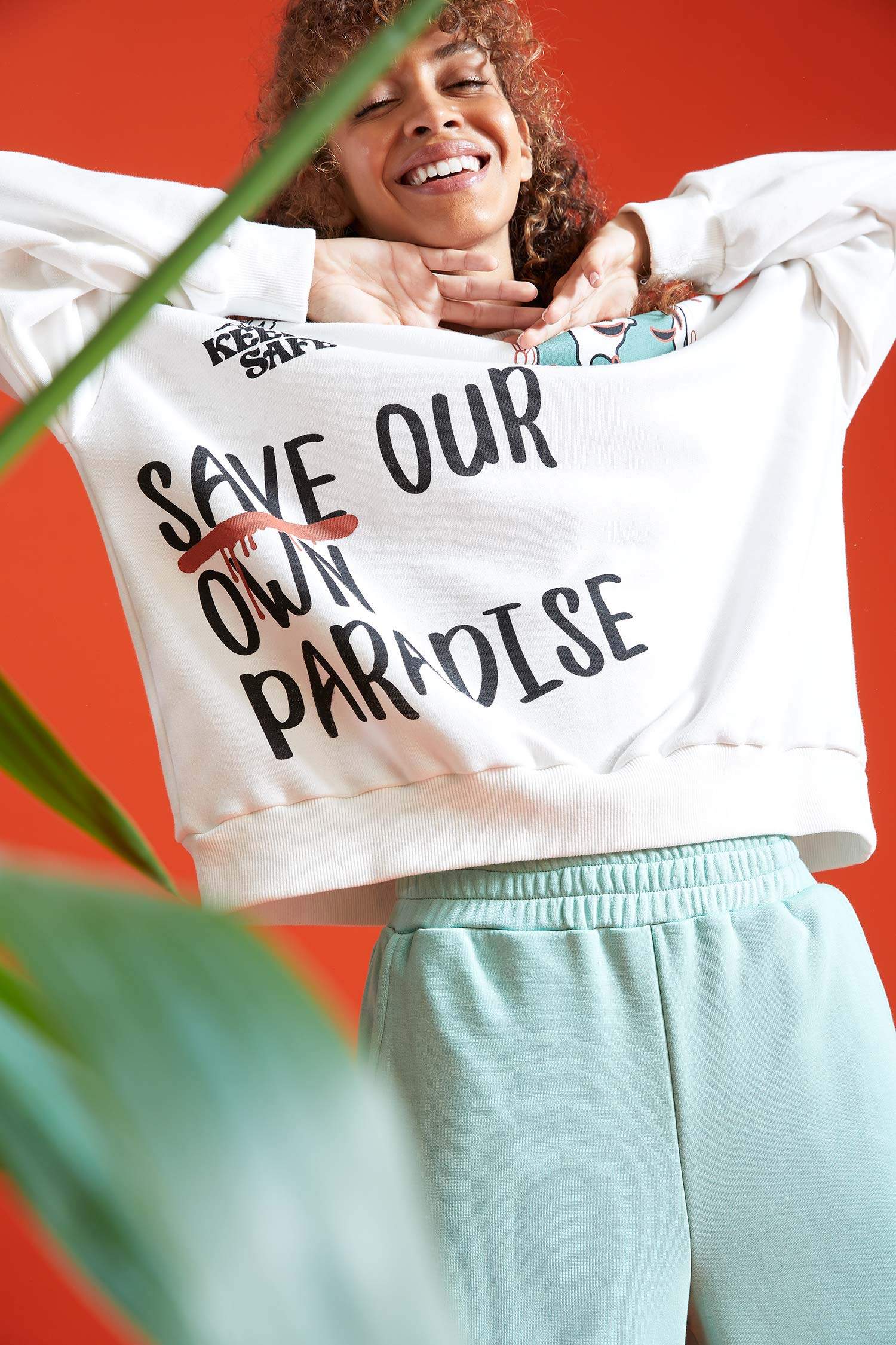 Slogan Desenli Oversize Bisiklet Yaka Uzun Kollu Sweatshirt