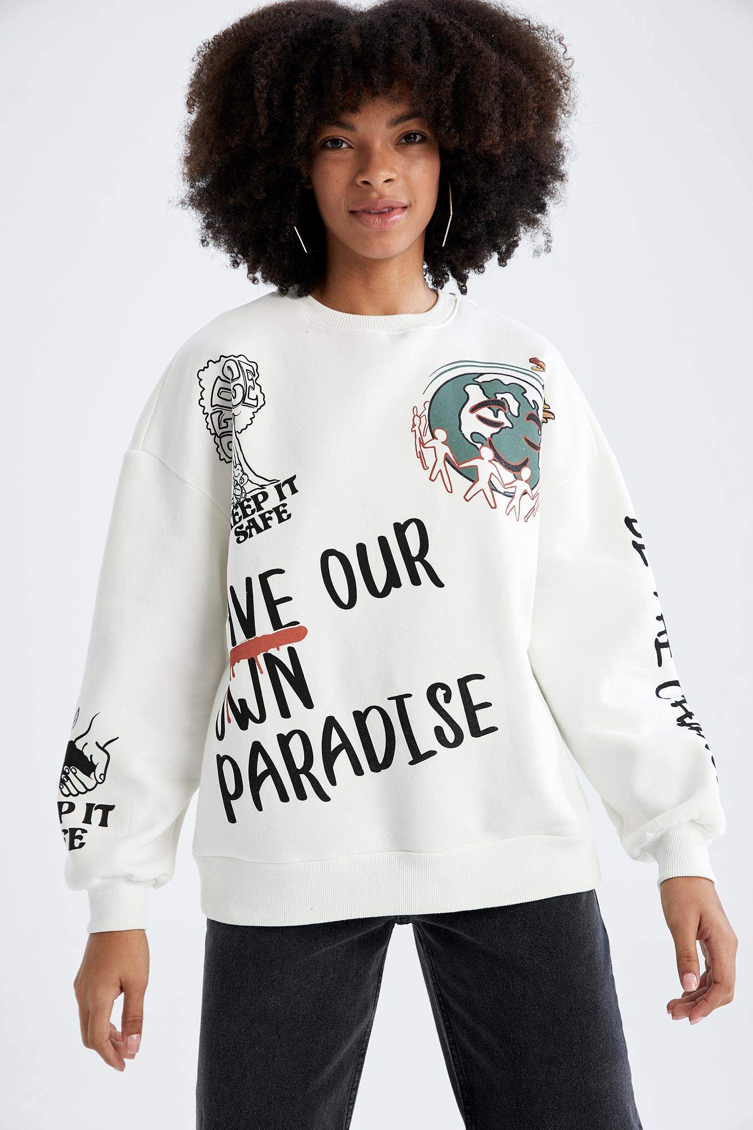 Slogan Desenli Oversize Bisiklet Yaka Uzun Kollu Sweatshirt